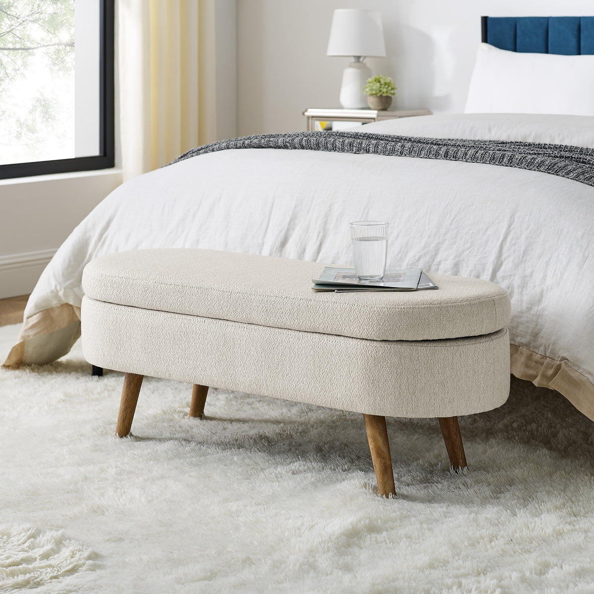 Ottoman Oval Storage Bench,Rubber Wood Legs, Beige(43.5'x16'x16') - Grand Goldman Shop