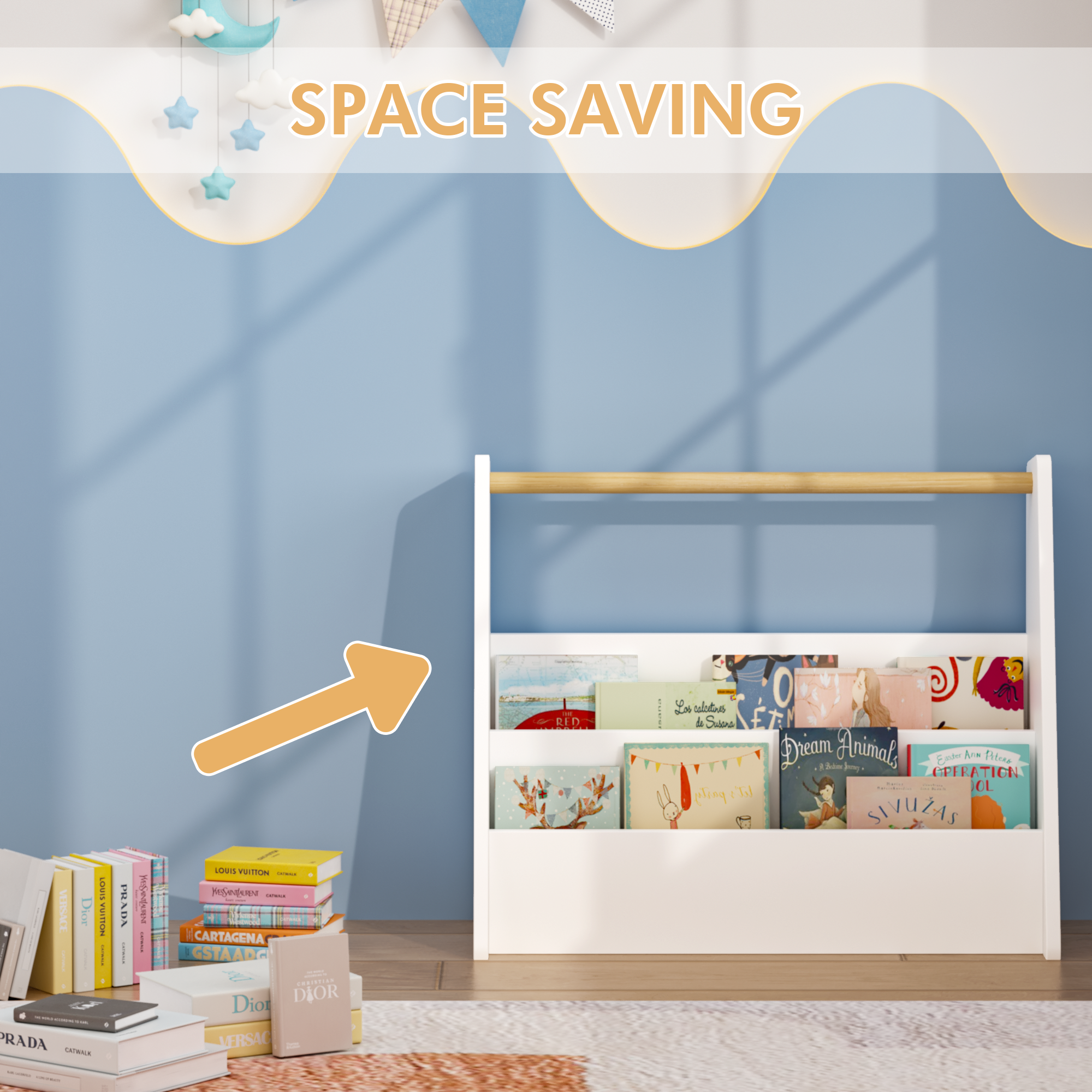 Kids Bookshelf with Wooden Handle, 2-Tier Front-Facing Toddler Bookcase, Portable Children's Book Storage Organizer for Bedro