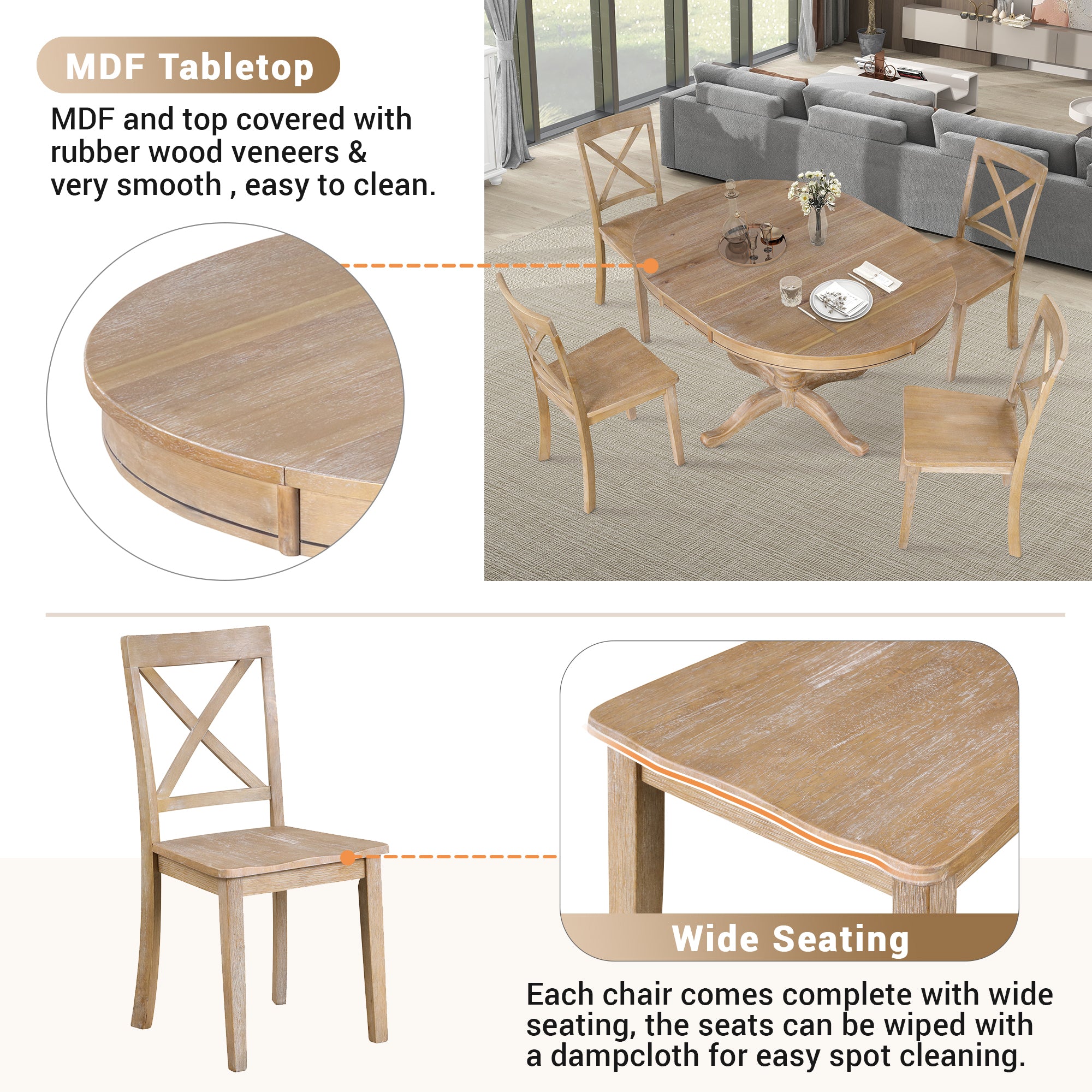 Modern Natural Wood Wash Dining Table Set for 4 with Round Table and Chairs, Solid Wood and MDF - Grand Goldman Shop