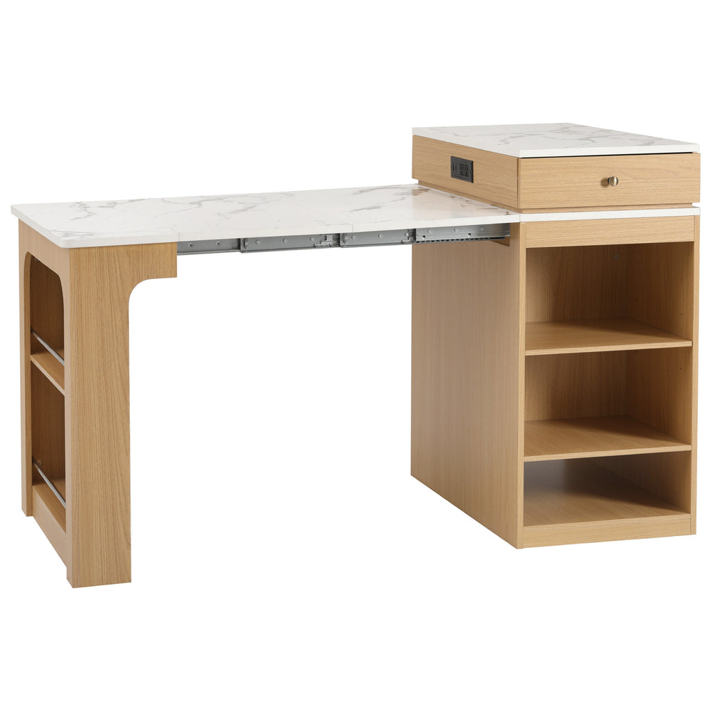 K&K 59.5'Kitchen Island with Extendable Dining Table, Kitchen Storage Table with Double-sided Storage, Kitchen Island with 2 Drawers, Power Outlet, Side Open Shelves, for Kitchen, Dining Room, Natural - Grand Goldman Shop