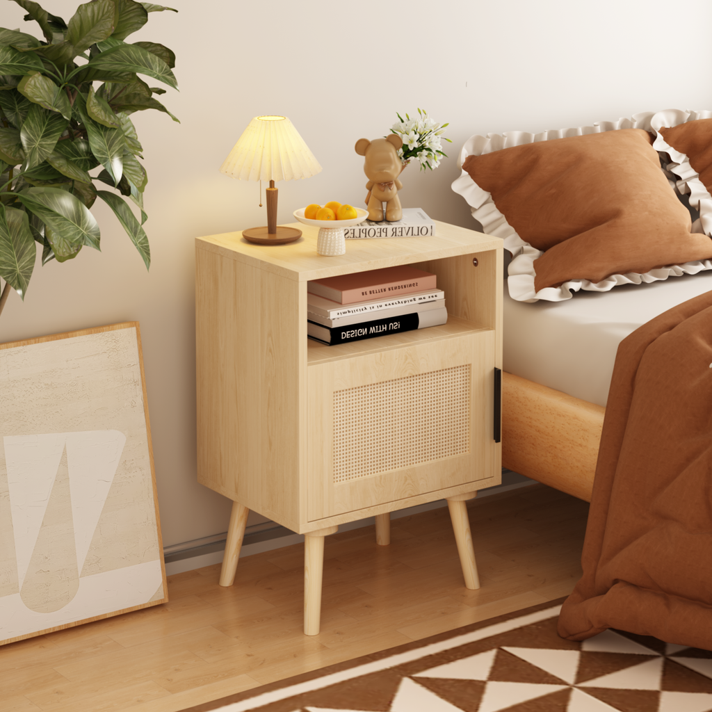 Oak Finish Rattan Nightstand with Solid Wood Legs, 22.83'' H Side Table with Door and Open Shelf for Bedroom, Dorm, and Small Spaces - Grand Goldman Shop