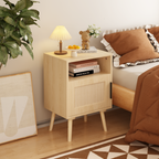 Oak Finish Rattan Nightstand with Solid Wood Legs, 22.83'' H Side Table with Door and Open Shelf for Bedroom, Dorm, and Small Spaces - Grand Goldman Shop