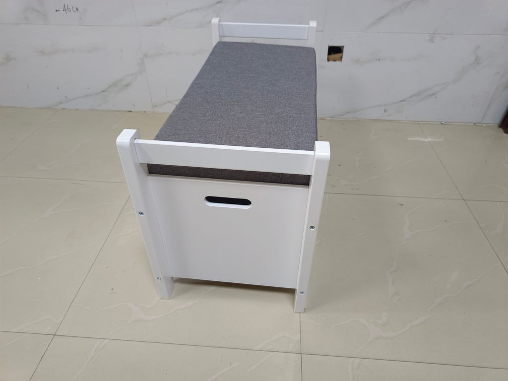 Kids Toy Box Chest White Storage Cabinet with Cushion Seat Bench Flip-Top Lid Safety Hinge for Nursery Playroom - Grand Goldm
