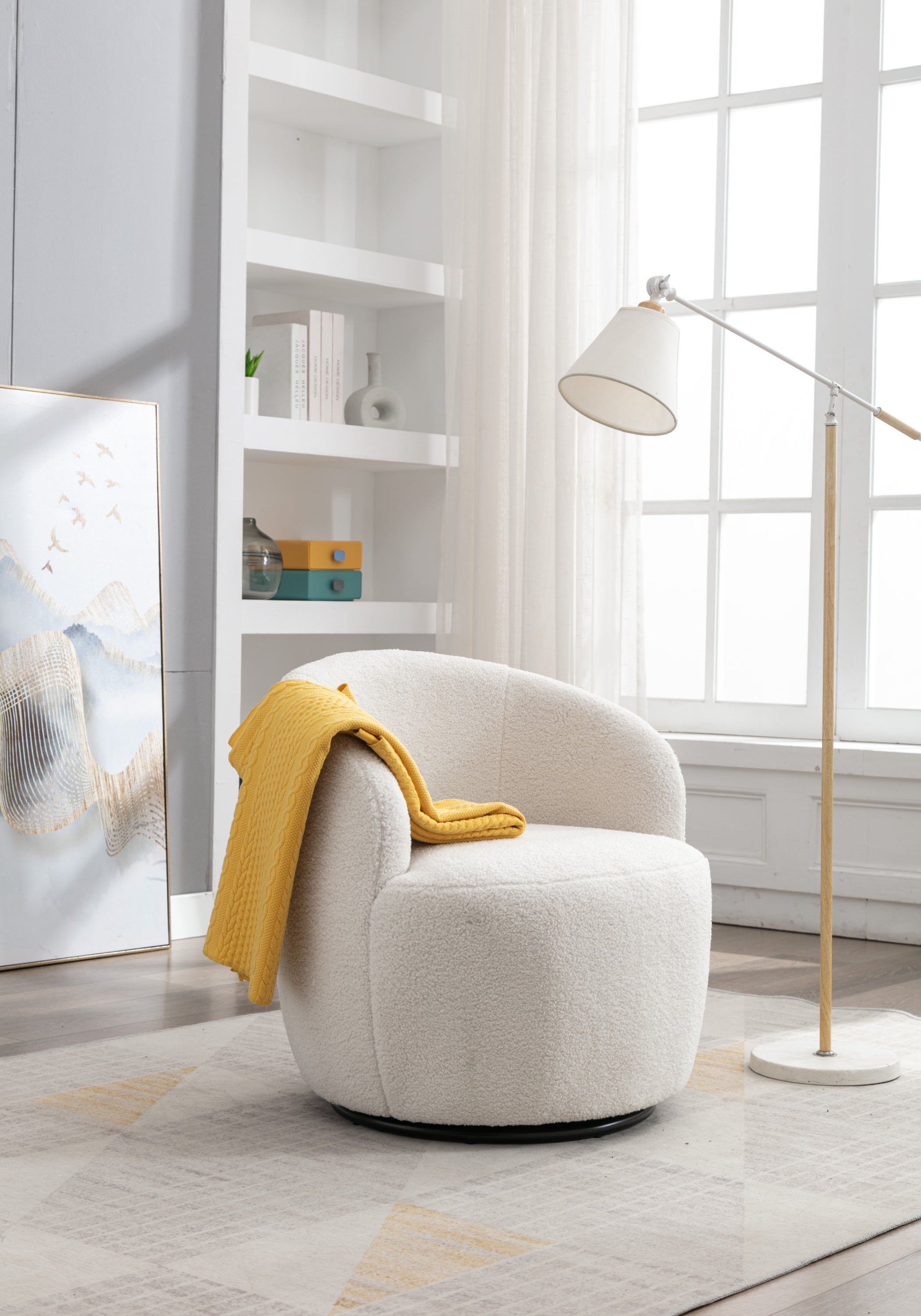 Teddy Fabric Swivel Accent Armchair Barrel Chair With Black Powder Coating Metal Ring,Ivory White - Grand Goldman Shop