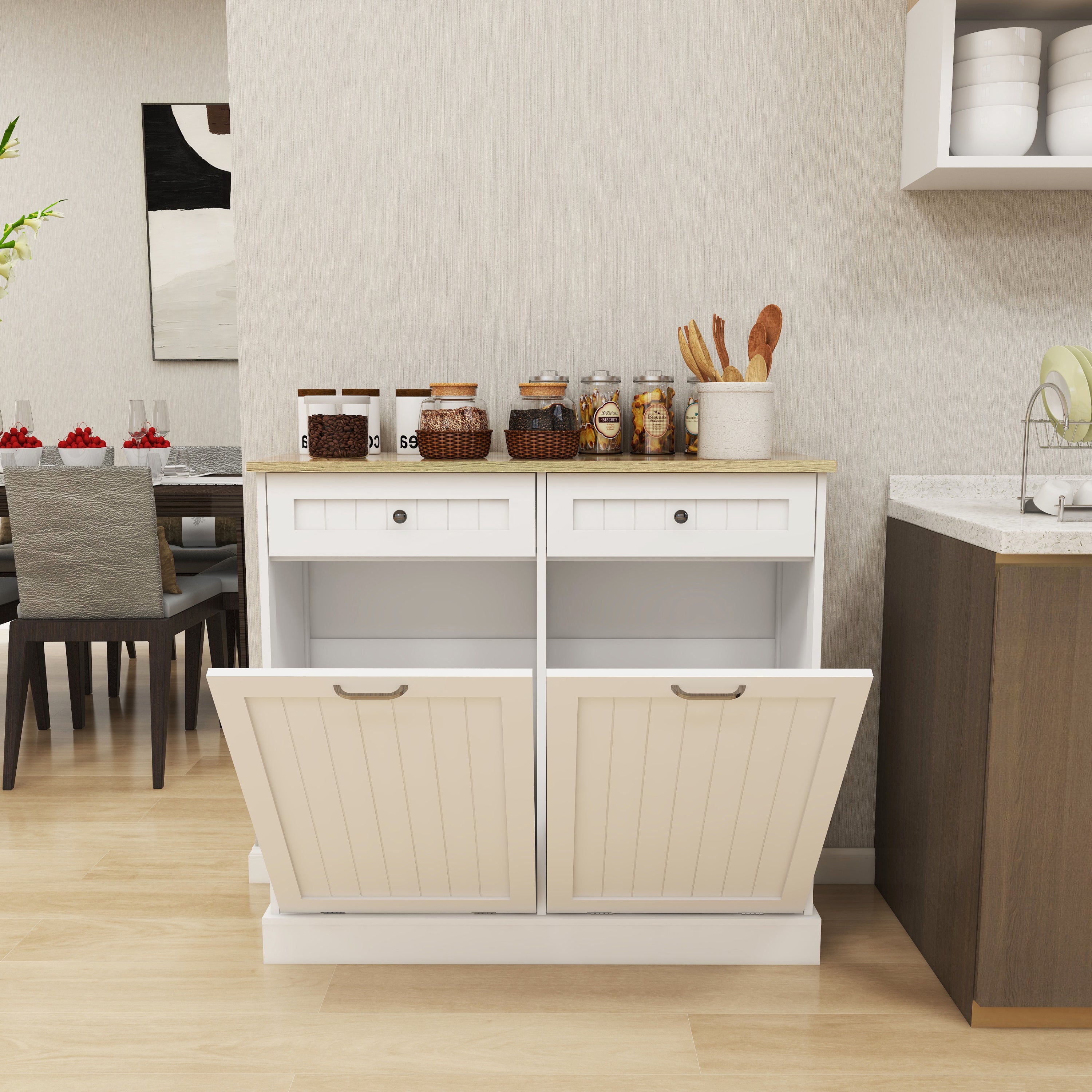 Two Drawers and Two-Compartment Tilt-Out Trash Cabinet Kitchen Trash Cabinet-White - Grand Goldman Shop