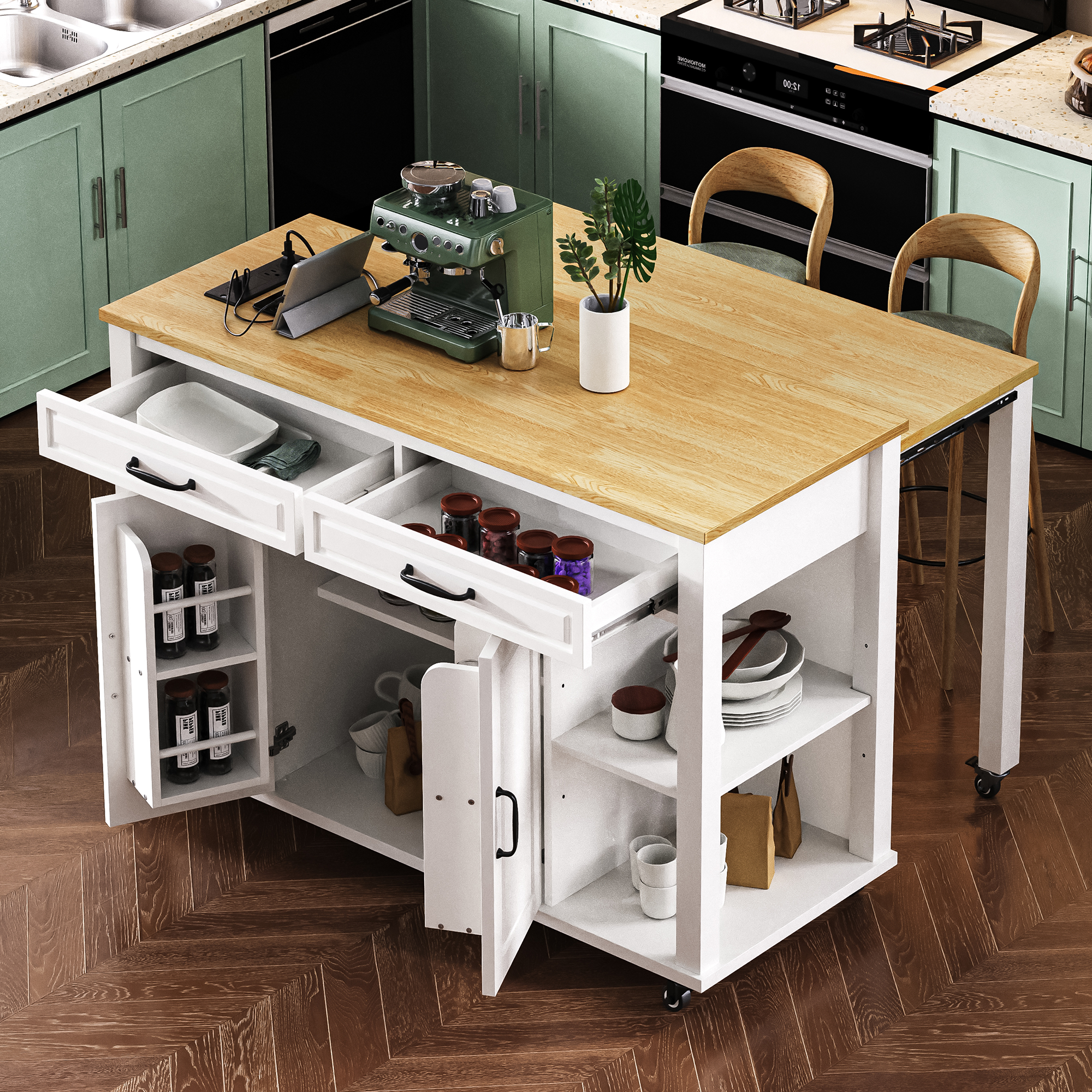 K&K 47 inch Kitchen Island with Extendable Dining Table, Rubber Wood Veneer Kitchen Table with Internal Storage Rack, Power Outlet, Kitchen island with Storage 2 Drawers 2 Cabinet,White - Grand Goldman Shop