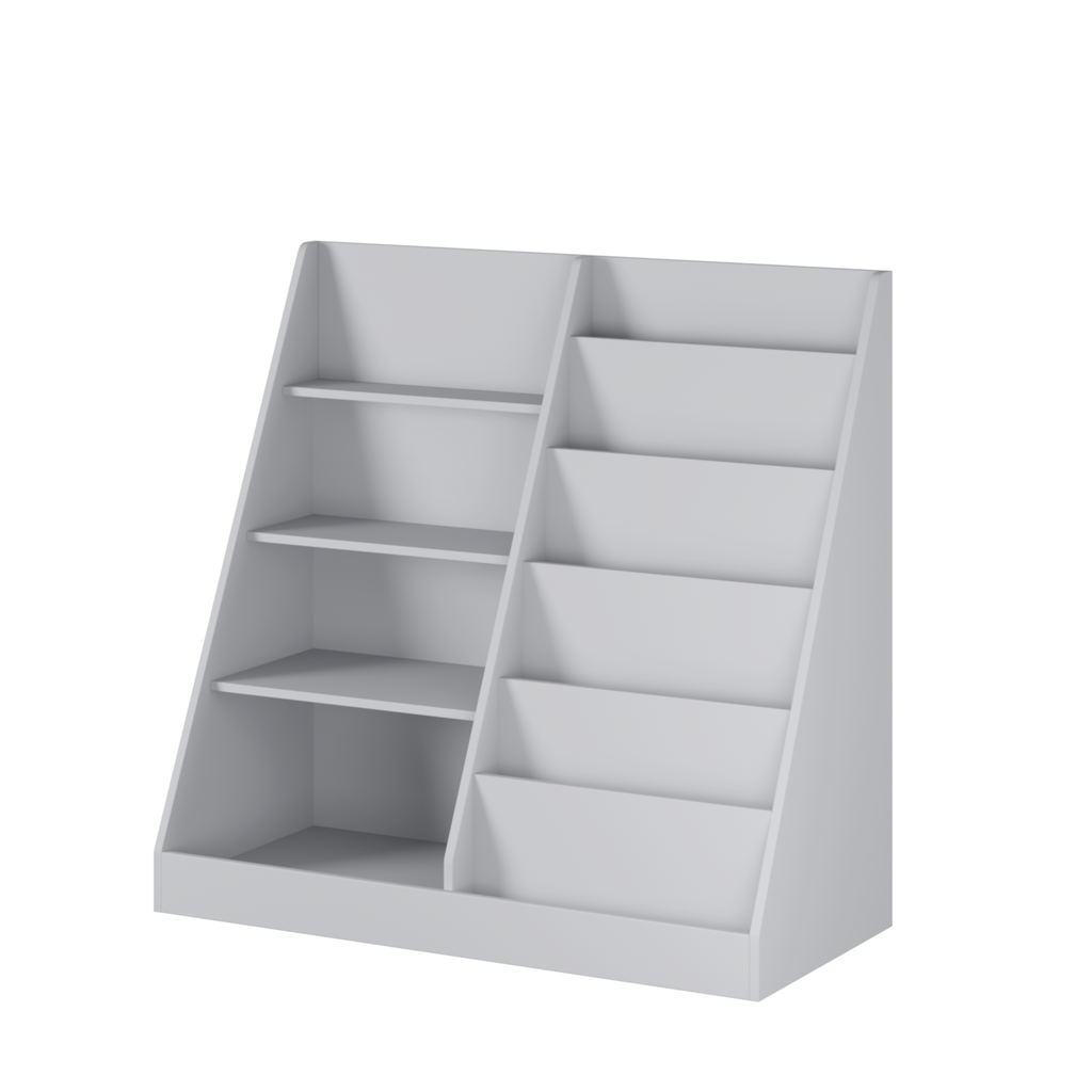 Kids Bookshelf and Toy Storage Organizer, 4-Tier Wooden Bookcase with Display Stand in Gray MDF for Nursery, Playroom, or Chi