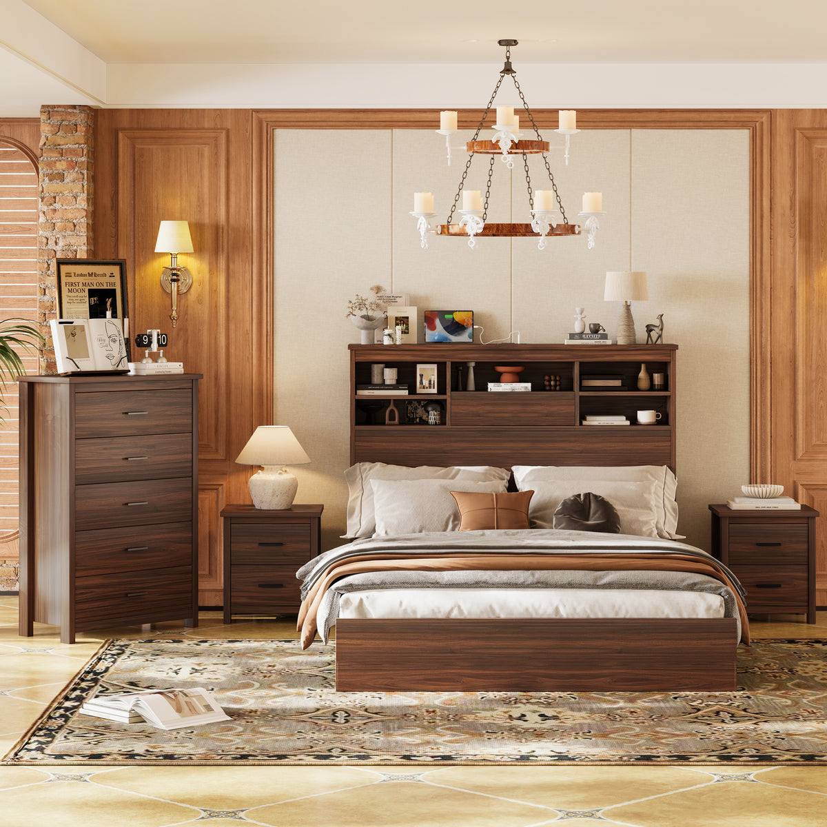 4PCS Bedroom Sets, Wooden Queen Size Bed Frame with Storage Headboard and Charging Station, 2 Nightstands with 2 Drawers, 1 Dresser with 5 Drawers, Walnut(old SKU HL000102AAD) - Grand Goldman Shop