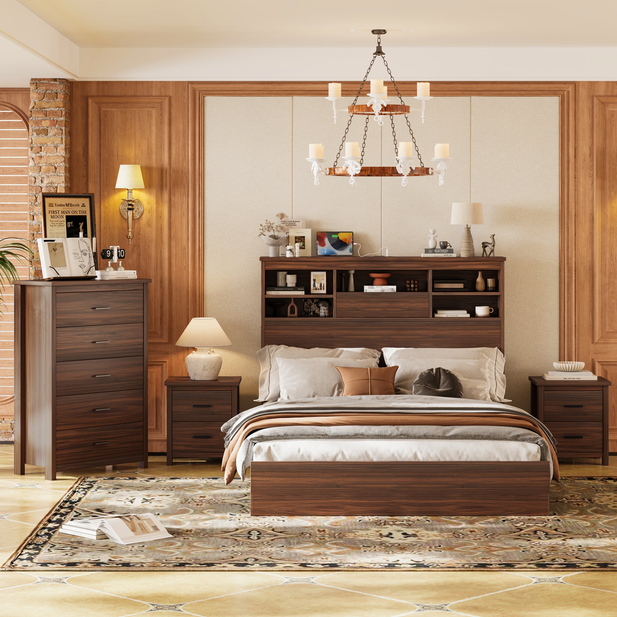 4PCS Bedroom Sets, Wooden Queen Size Bed Frame with Storage Headboard and Charging Station, 2 Nightstands with 2 Drawers, 1 Dresser with 5 Drawers, Walnut(old SKU HL000102AAD) - Grand Goldman Shop