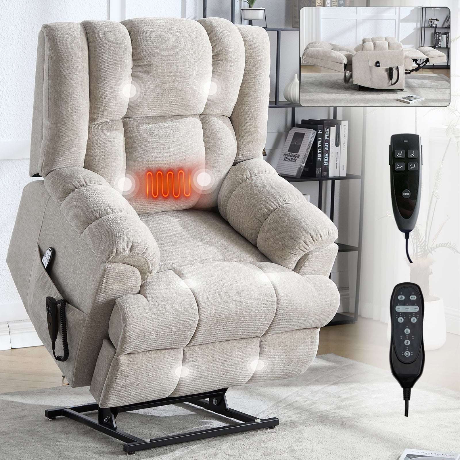 Dual Motor Heat Massage Infinite Position Up to 350 LBS Electric Power Lift Recliners with Power-Remote, Medium-firm and Heavy Duty, Beige - Grand Goldman Shop