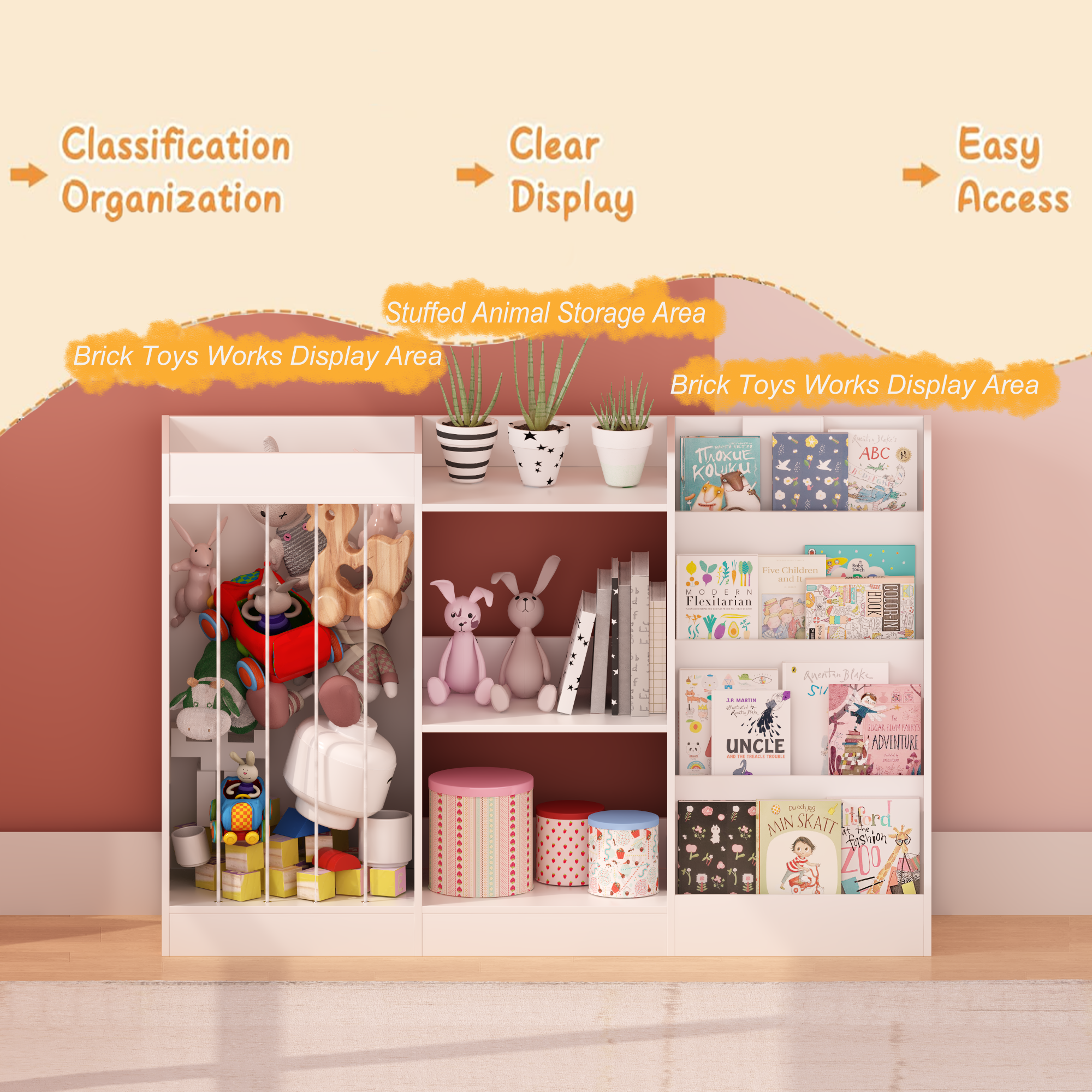 3-in-1 Kids Bookshelf and Toy Storage, 4-Tier Book Shelf for Kids Rooms, Sling Baby Bookcase with Stuffed Animal Storage, Tod
