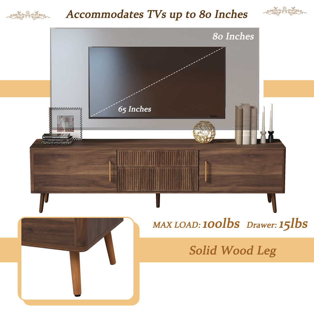 Mid Century TV Stand with 2 Drawers, Media Console Table for TVs up to 80'', Walnut Finish Solid Wood and MDF Entertainment Center for Living Room, Bedroom, Home Theatre - Grand Goldman Shop
