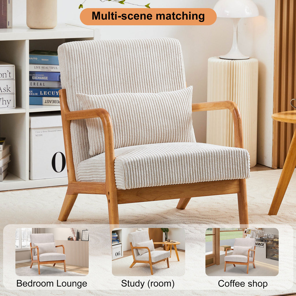 Mid-Century Modern Accent Chair with Pillow Upholstered Arm Chair in Beige Polyester and Solid Wood Frame (beige) - Grand Goldman Shop