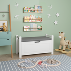 Kids Toy Box Chest White Storage Cabinet with Cushion Seat Bench Flip-Top Lid Safety Hinge for Nursery Playroom | Premium Hom