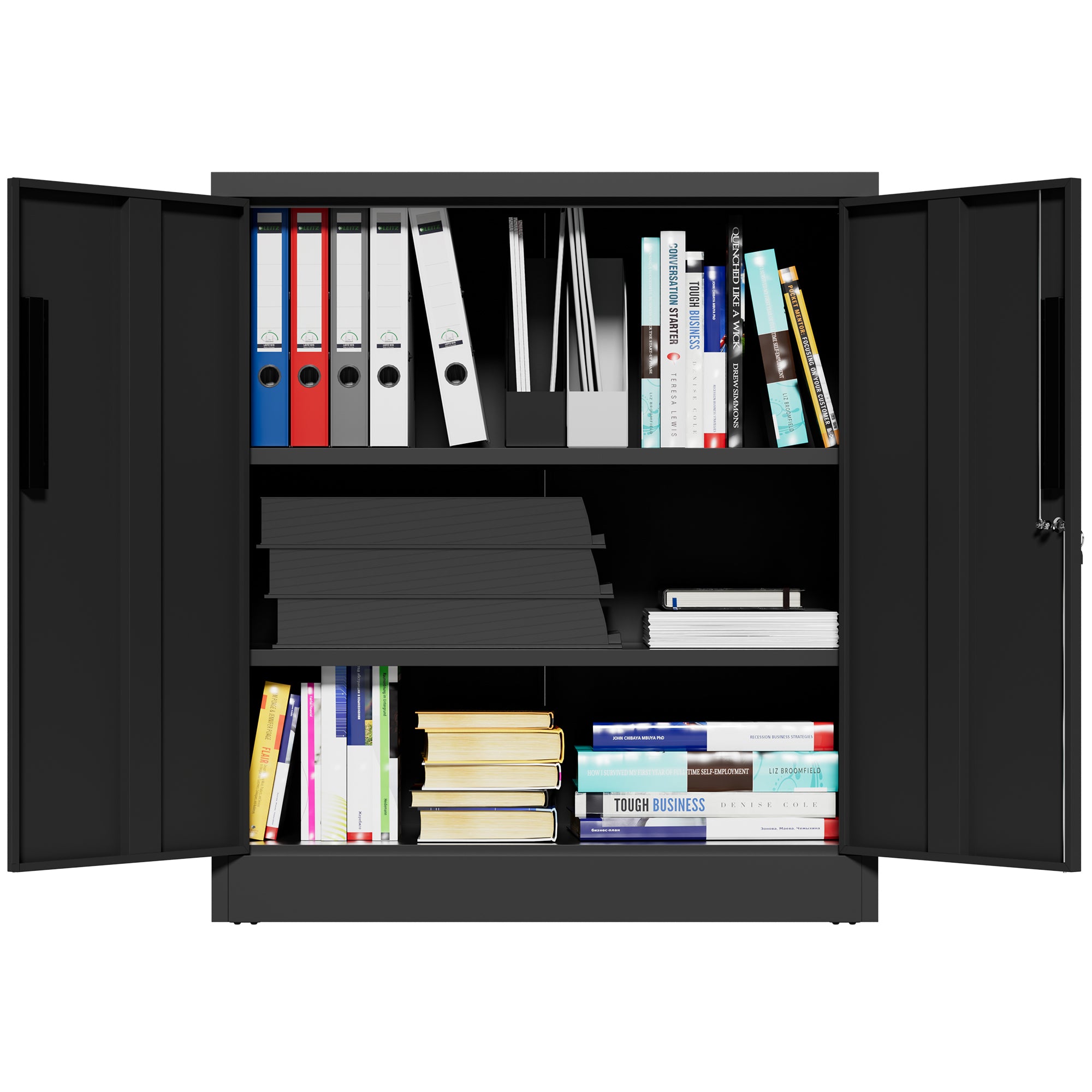 Black Heavy Duty Metal Storage Cabinet with Lock, 2-Door File Cabinet with 2 Adjustable Shelves for Home, Office, Garage (35.