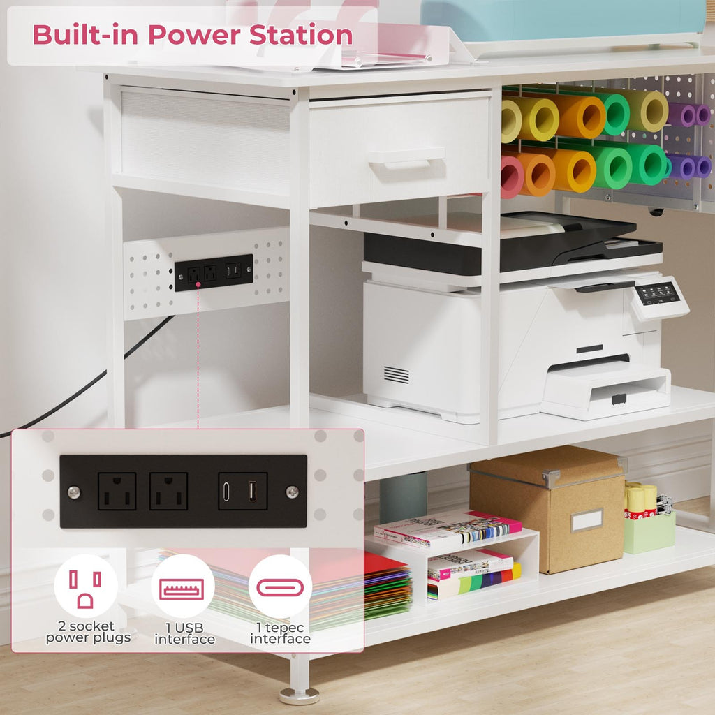 Large Heat Press Table with Charging Station, Movable Metal Workbench with Vinyl Storage and Drawer for DIY Sublimation, T-Sh