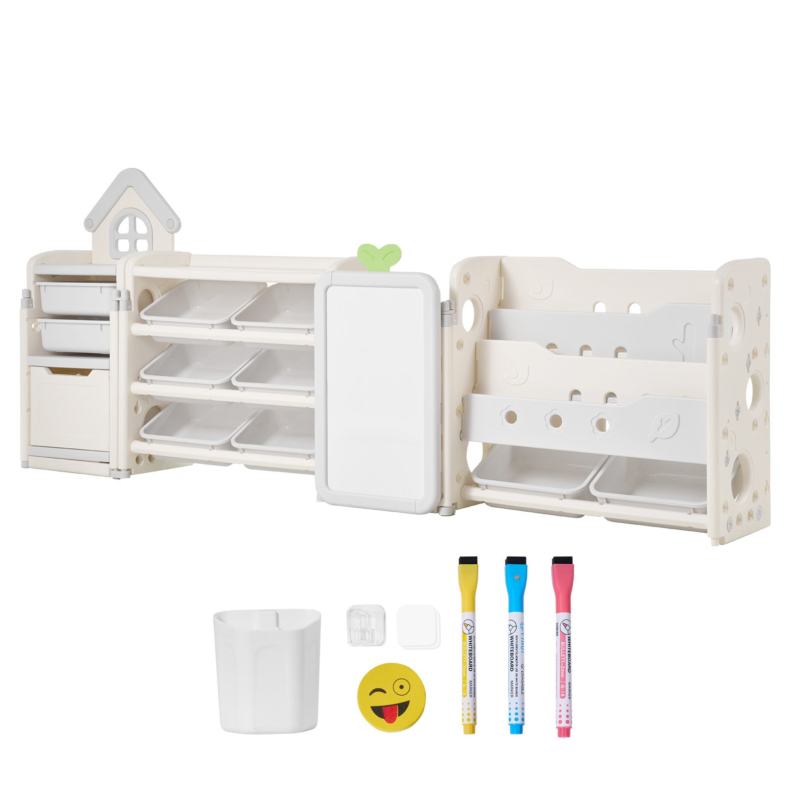Kids Toy Storage with Bookshelf, 4-Tier Large Toy Storage Organizer with 10 Plastic Movable Bins, Kids Cubby Cabinet with Boo