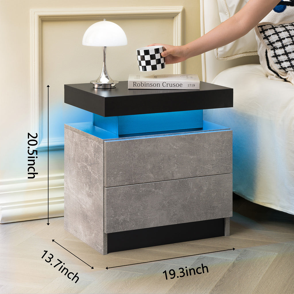 Nightstand LED Bedside Table Cabinet Lights Modern End Side with 2 Drawers for Bedroom (Black+Gray) - Grand Goldman Shop
