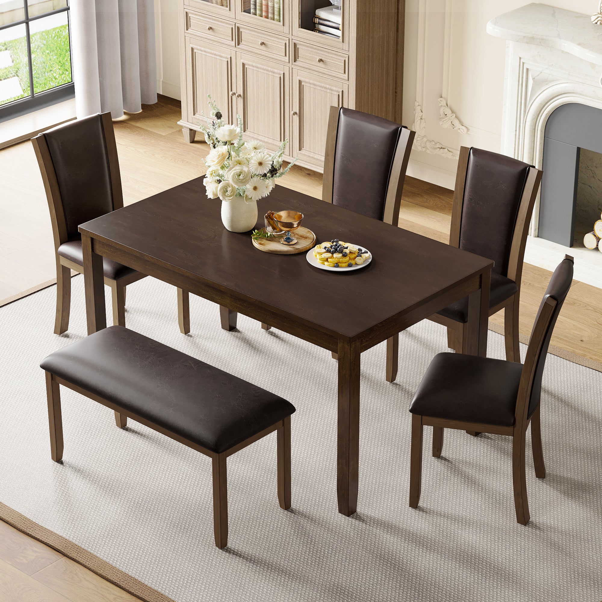 6-Piece Dining Table Set with Bench and Chairs, Wooden dining table set for 6 people, Farmhouse Rustic Style 6 Person Dining Table Set for Dining Room, Kitchen, Dark Walnut - Grand Goldman Shop