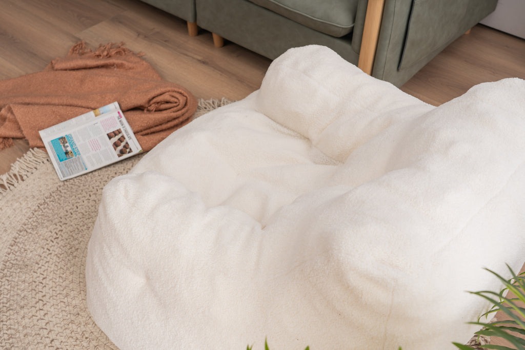 Ivory White Soft Teddy Fabric Tufted Foam Bean Bag Chair with Memory Sponge - Grand Goldman Shop