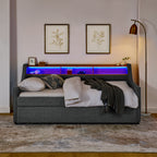 Grey Linen Upholstered Twin Sofa Bed with LED Lights, Storage Headboard, Foldable Trundle & Wireless Charging - Grand Goldman Shop