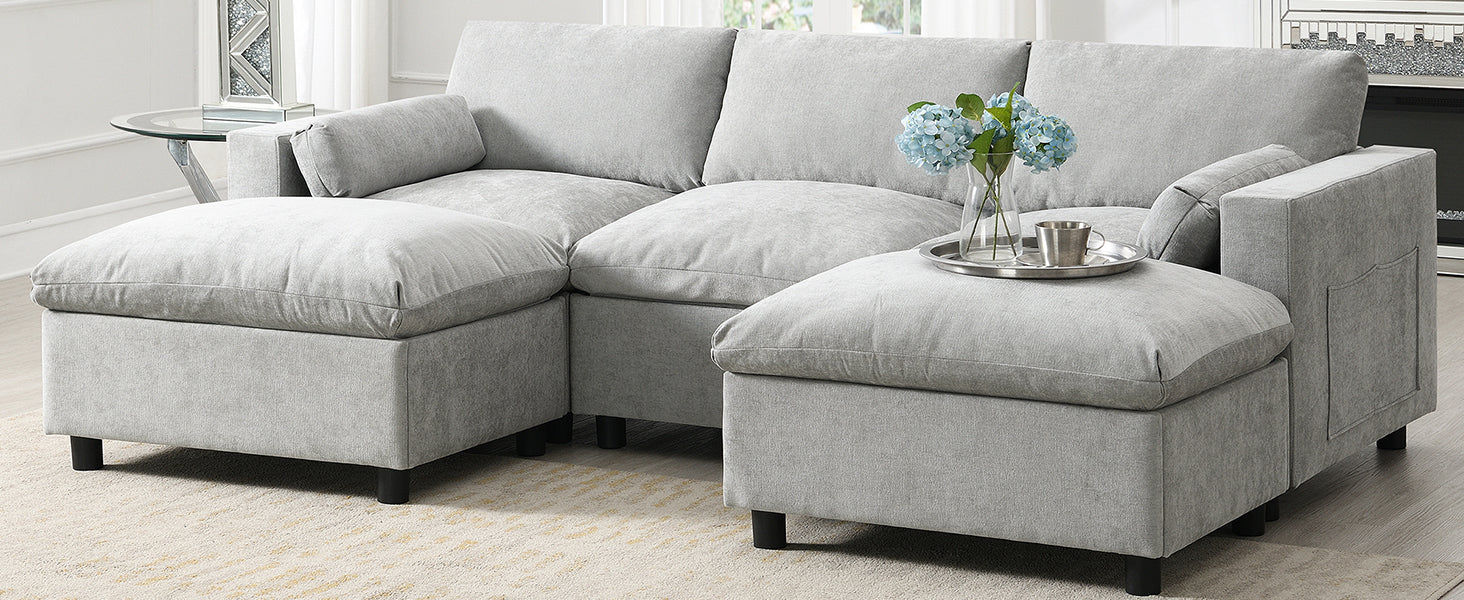 [VIDEO]86.5'' Chenille Modular Sectional Sofa with Storage Pockets, 5 Seat U Shaped Couch Set with Pillows,Free Combination,Modern Cloud Sofa with 2 Movable Ottoman for Living Room,Apartment,3 Colors - Grand Goldman Shop