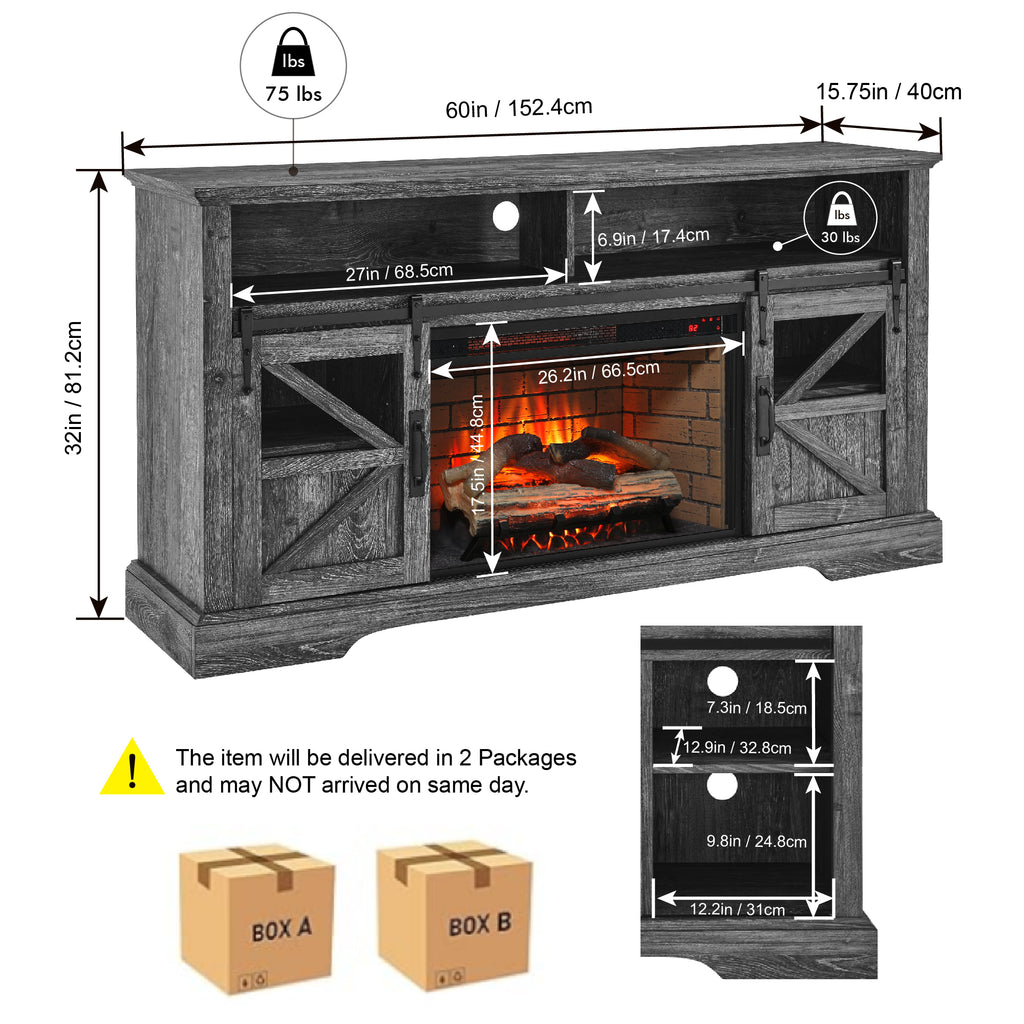 60 Inch Electric Fireplace Entertainment Center With Door Sensor-Dark Rustic Oak - Grand Goldman Shop