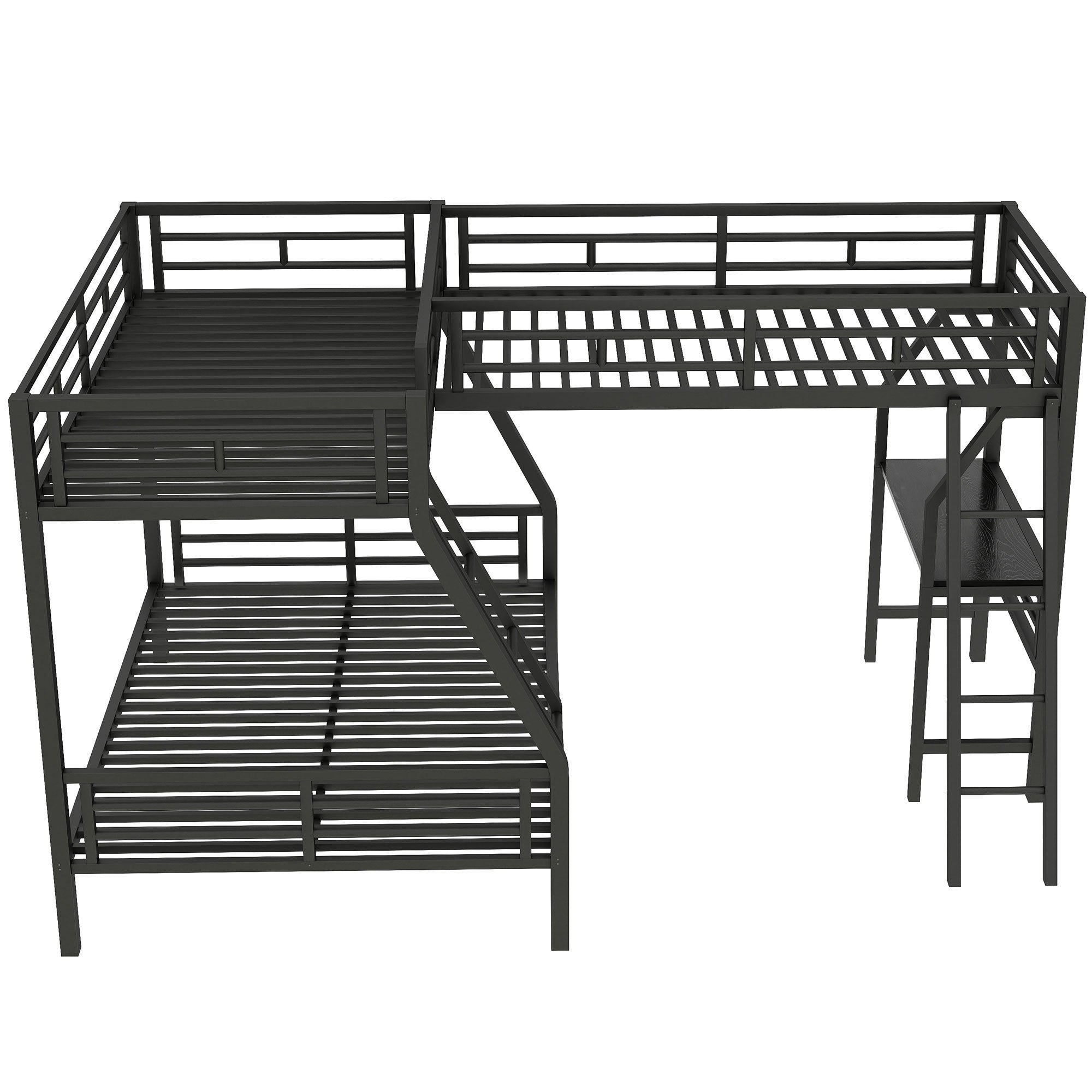 Twin over Full Bunk Bed with Loft and Desk, Metal Black, L-Shaped Design for 3 Sleepers - Grand Goldman Shop