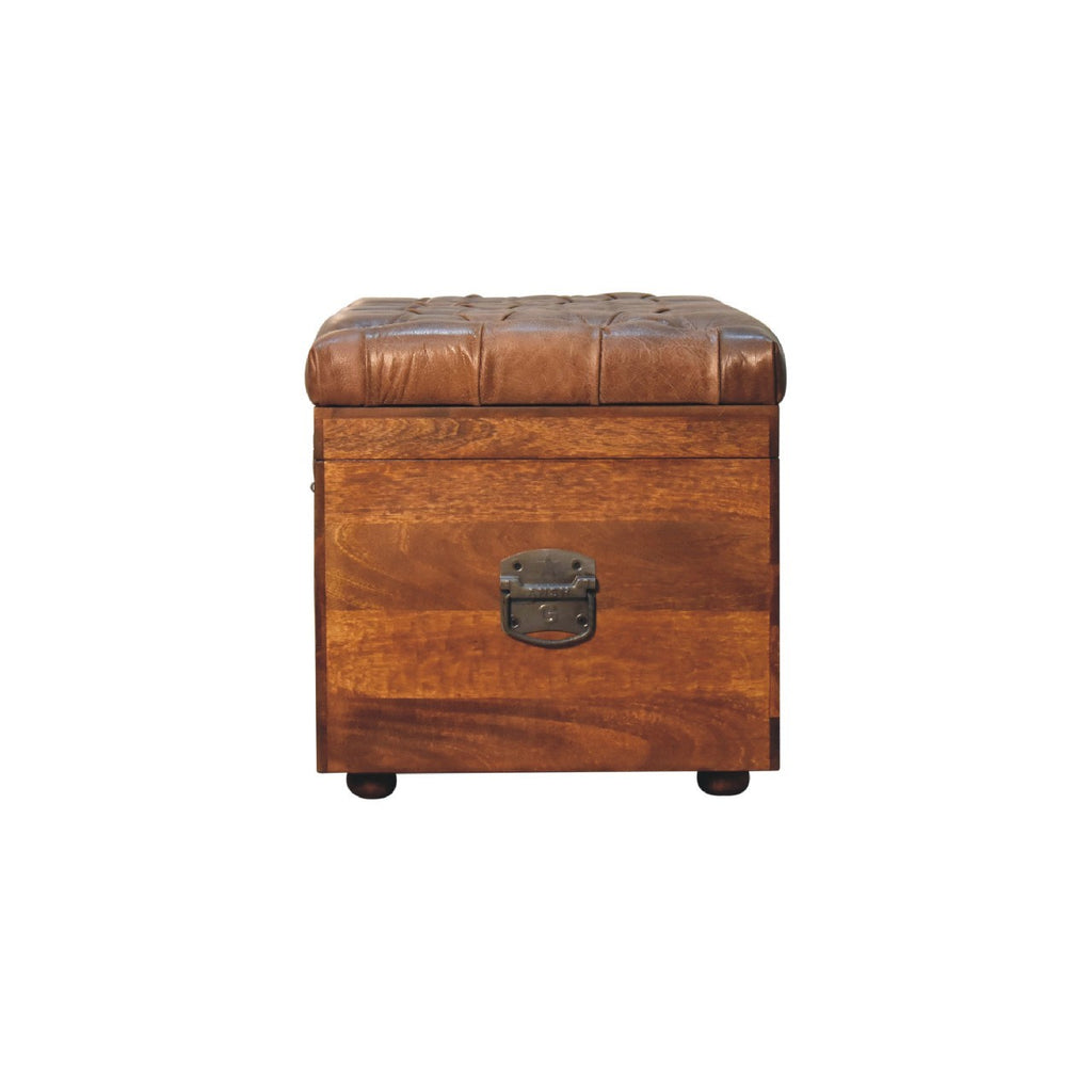 Solid Wood Buffalo Leather Upholstered Hide Chestnut Storage Trunk, Tan & Brown - Grand Goldman Shop