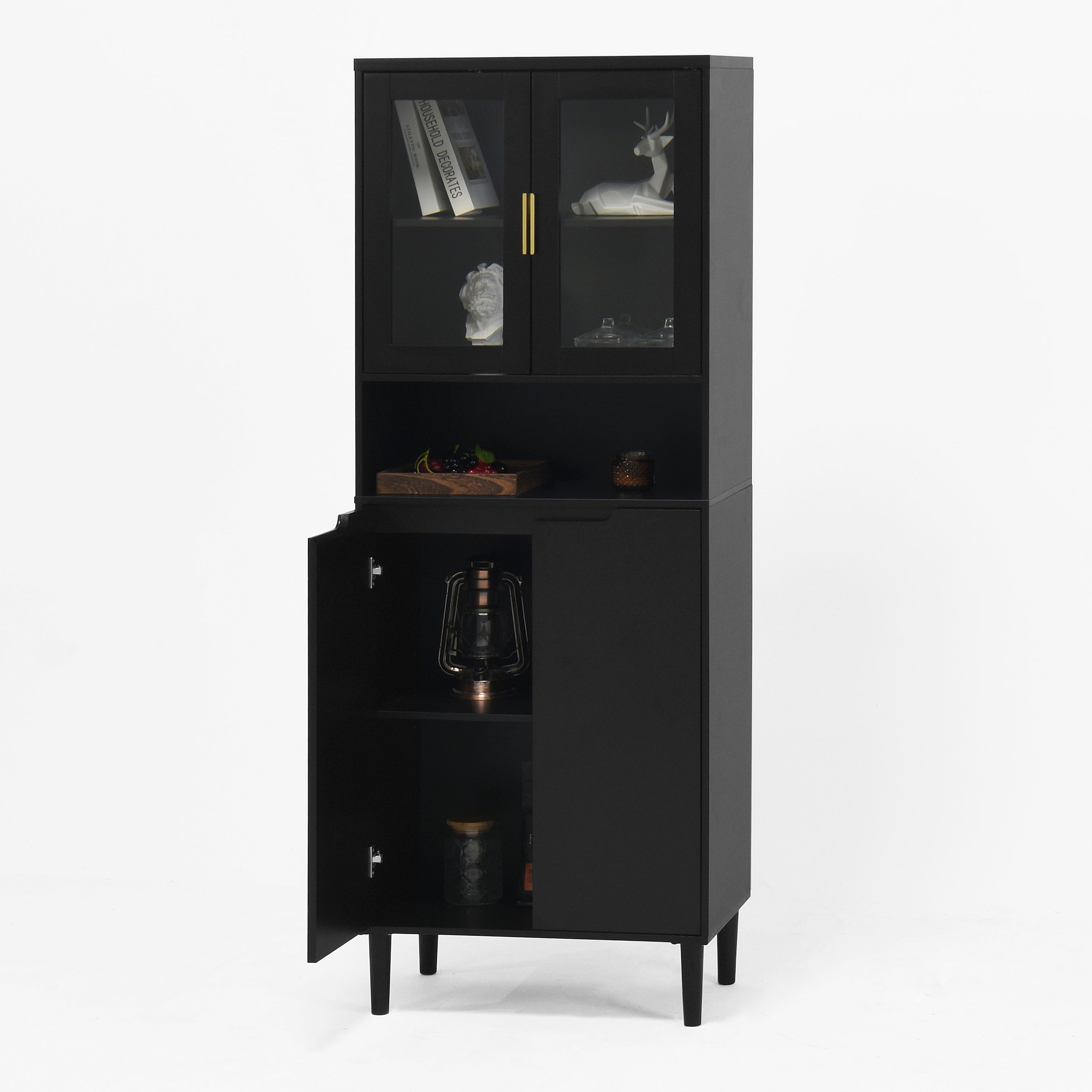 Tempered Glass Door Tall Storage Bookcase with adjustable board, 4 doors MDF painting finished cabinet, Black, Living room Bedroom storage - Grand Goldman Shop