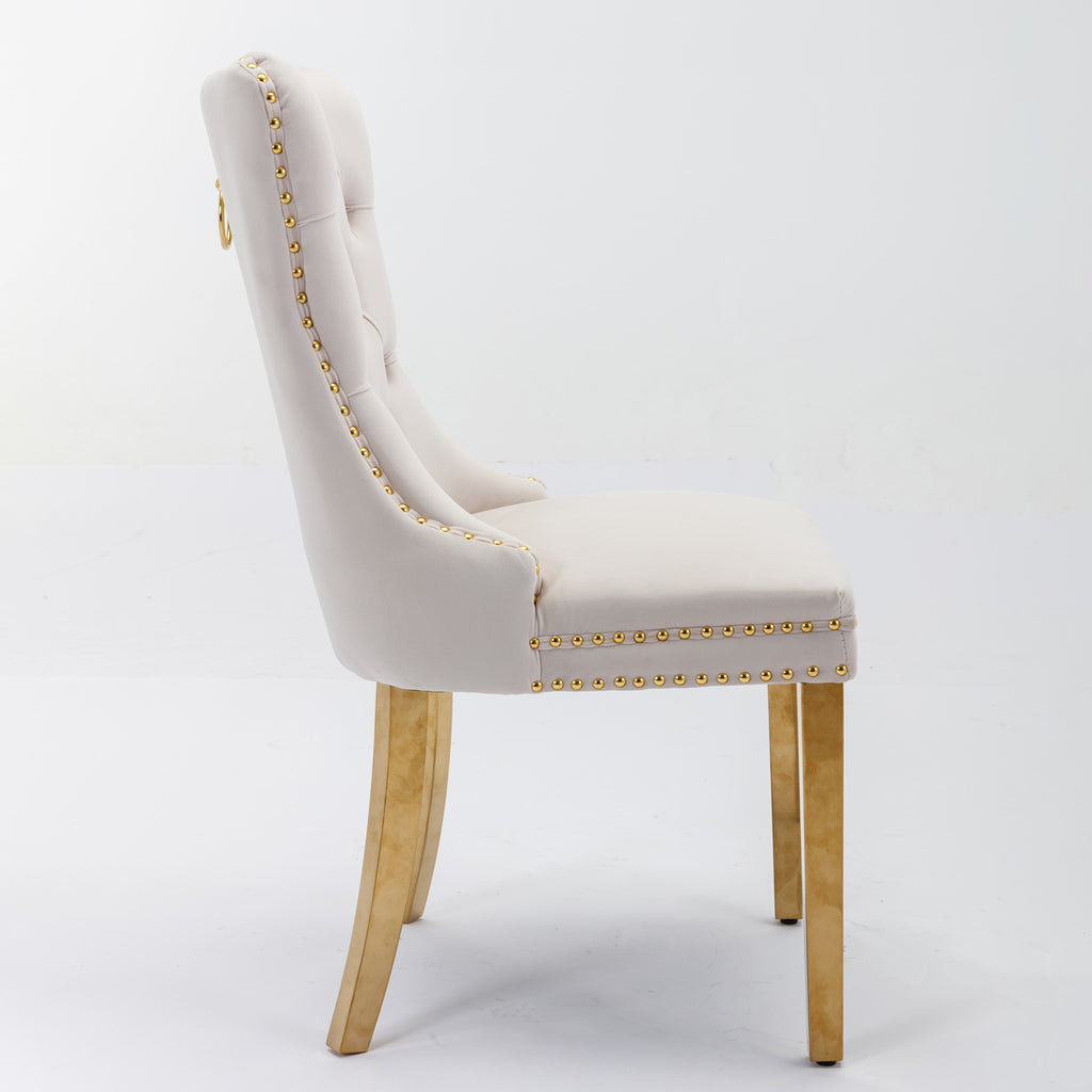 A&A Furniture,Nikki Collection Modern, High-end Tufted Solid Wood Contemporary Velvet Upholstered Dining Chair with Golden Stainless Steel Plating Legs,Nailhead Trim,Set of 2,Beige and Gold, SW1601BG - Grand Goldman Shop