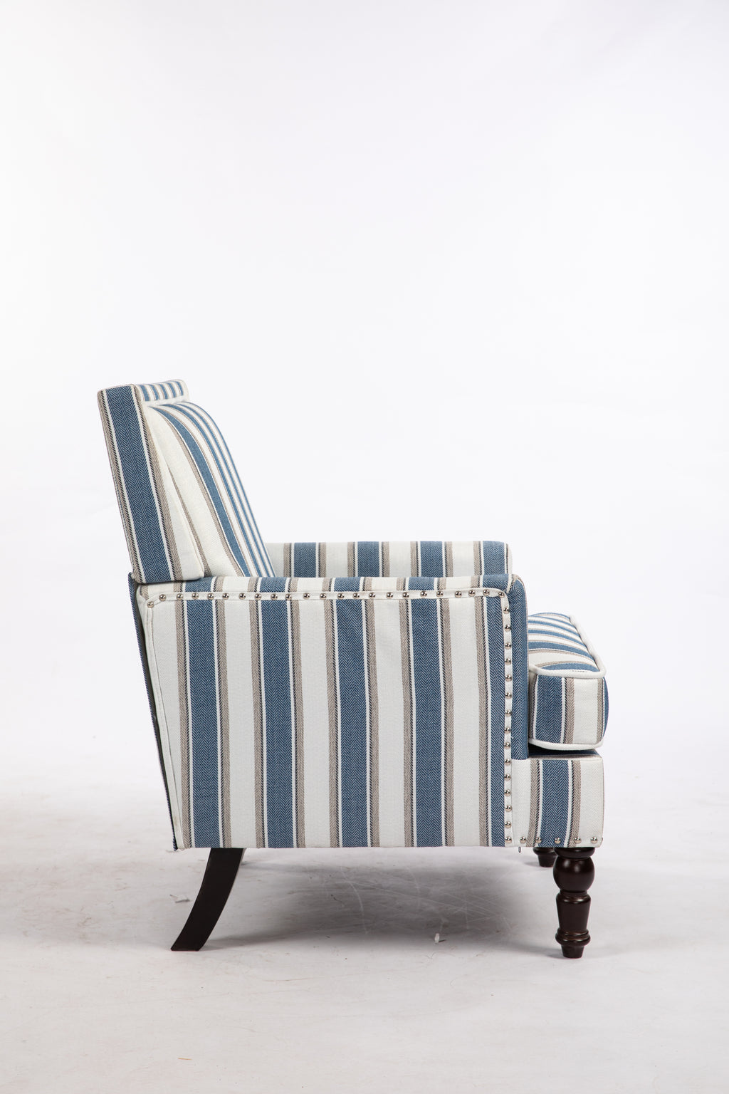 Upholstered Accent Chair, Vintage Armchair with Blue and White Striped Linen Fabric and Nailhead Trim for Living Room - Grand Goldman Shop
