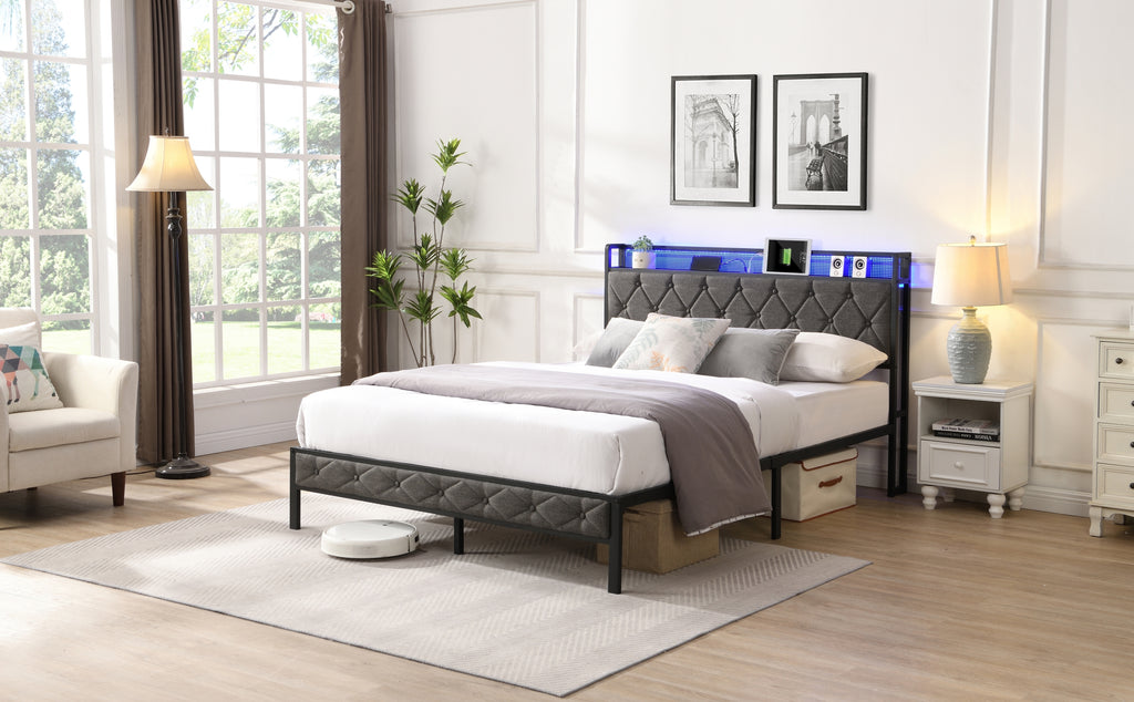 Full Bed Frame with  Storage Headboard, Charging Station and LED Lights, Upholstered Platform Bed with Heavy Metal Slats, No Box Spring Needed, Noise Free, Easy Assembly, Dark Gray - Grand Goldman Shop