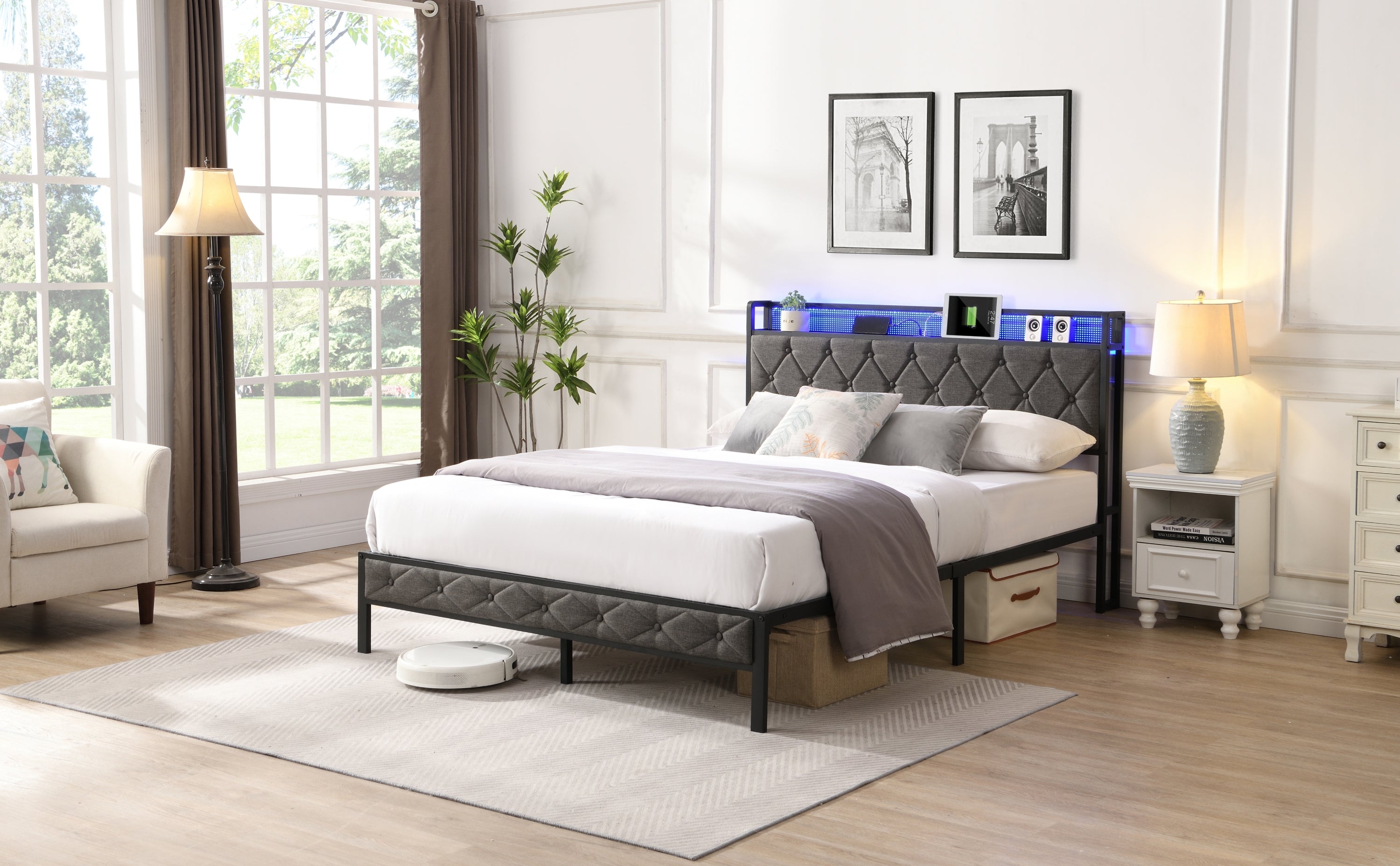 Full Bed Frame with  Storage Headboard, Charging Station and LED Lights, Upholstered Platform Bed with Heavy Metal Slats, No Box Spring Needed, Noise Free, Easy Assembly, Dark Gray - Grand Goldman Shop