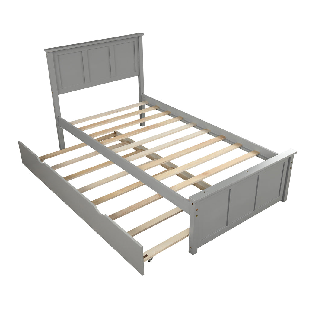 Gray Platform Bed with Twin Trundle and Frame, Solid Wood and MDF Construction, Twin Size - Grand Goldman Shop