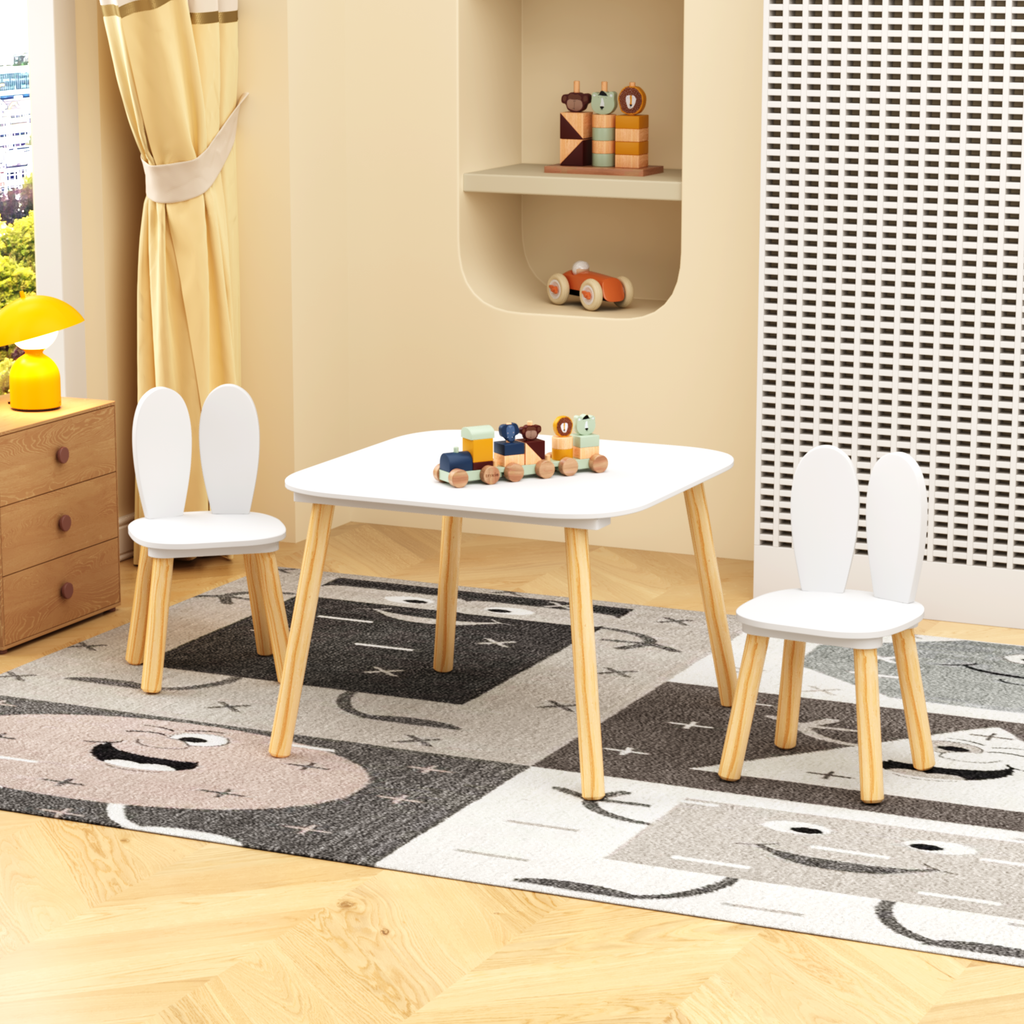 Rabbit Themed Kids Table and 2 Chairs Set, White Solid Wood & MDF Play Table with Rounded Edges, 3-Piece Toddler Furniture fo