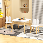 Rabbit Themed Kids Table and 2 Chairs Set, White Solid Wood & MDF Play Table with Rounded Edges, 3-Piece Toddler Furniture fo