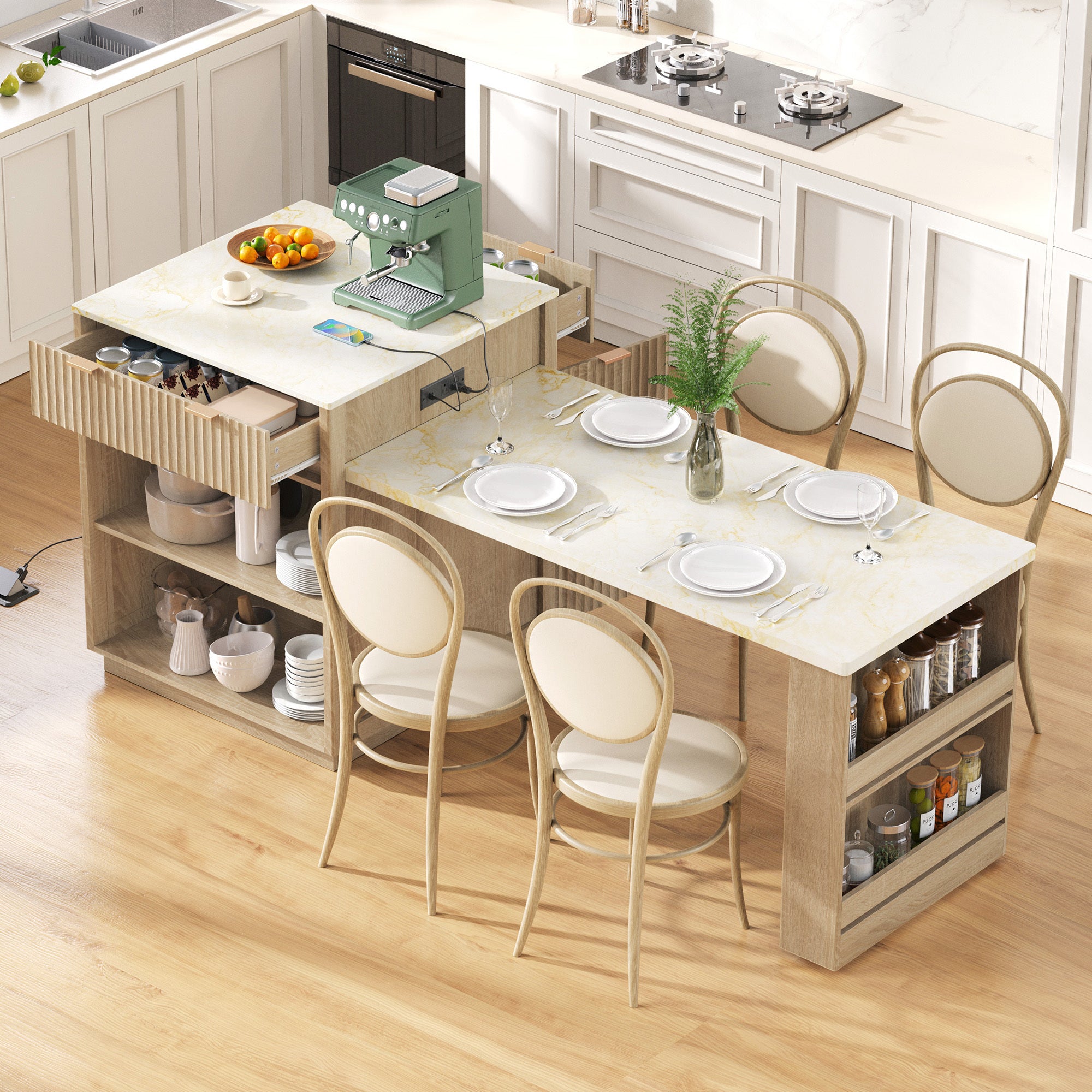K&K 82.6' Fluted Kitchen Island with Extendable Dining Table for 4-6, Island Table for Kitchen with Power Outlet, Kitchen Table with Double-Side Storage, 2 Drawers 2 Side Open Shelves, Natural - Grand Goldman Shop