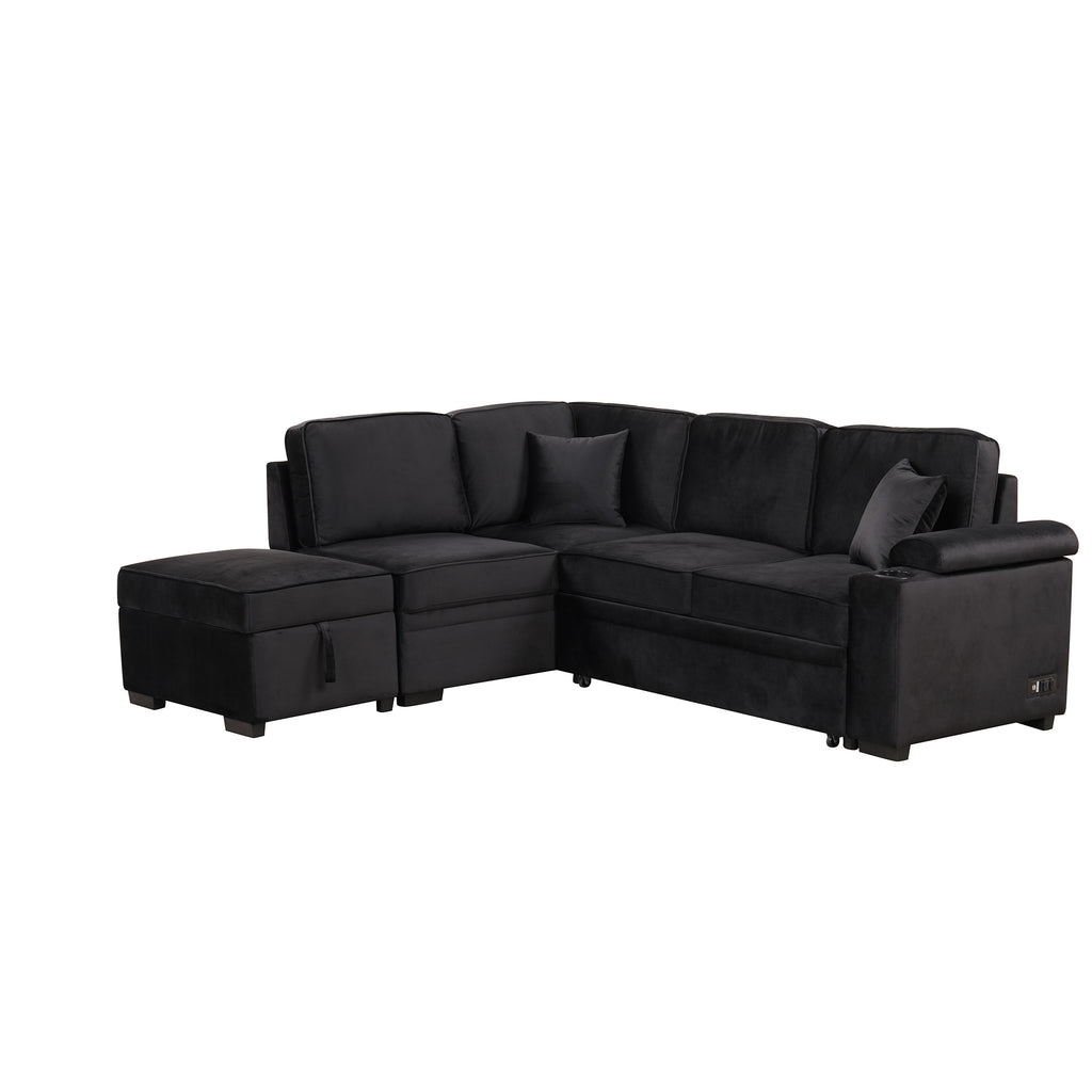 Modern Velvet Sleeper Sofa Bed with Storage Ottoman, Black, 84.75' L Shape - Grand Goldman Shop