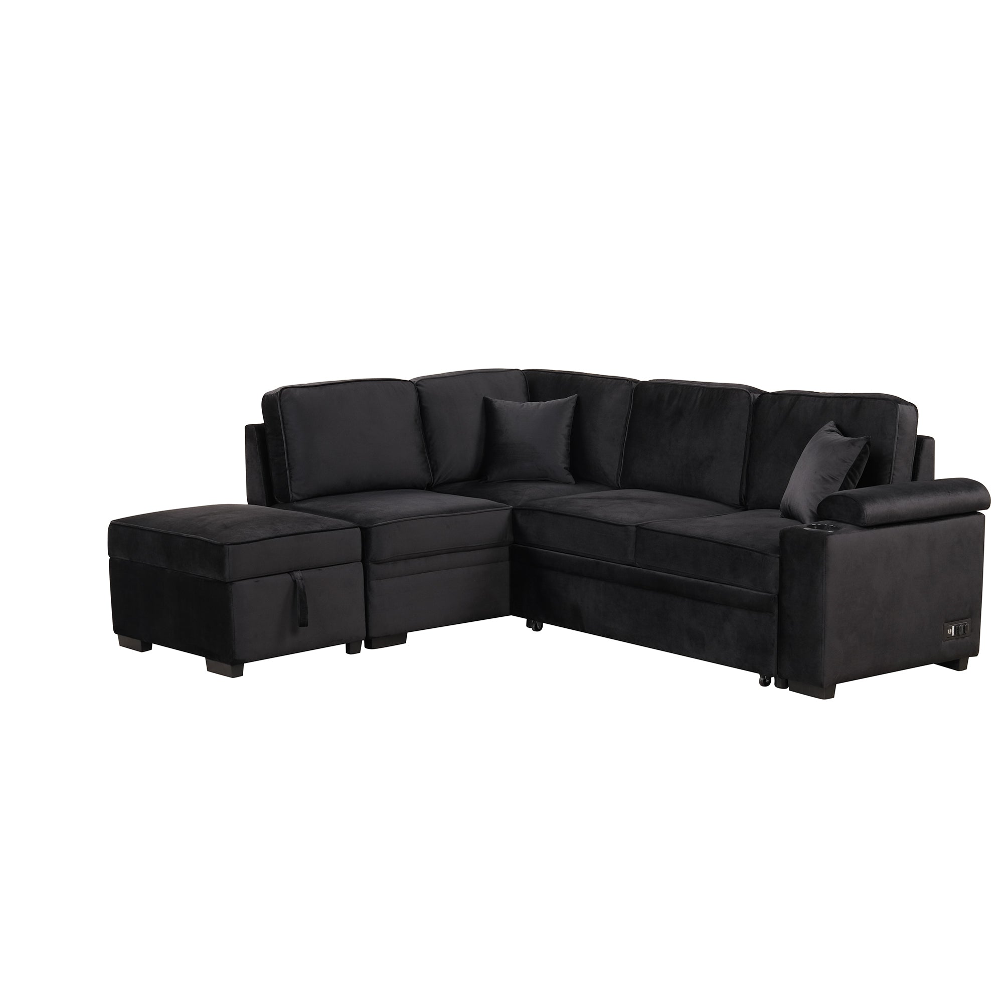 Modern Velvet Sleeper Sofa Bed with Storage Ottoman, Black, 84.75' L Shape - Grand Goldman Shop