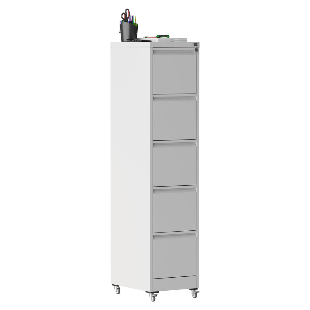 Heavy Duty 5 Drawer Metal Vertical File Cabinet with Lock and Wheels for Home Office, White, 17.72'D x 14.96'W x 64.21'H | Pr