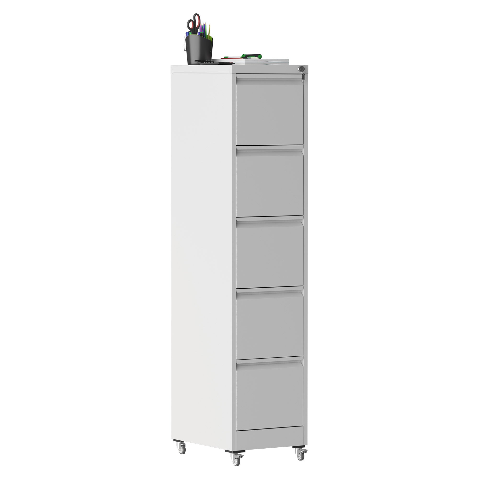Heavy Duty 5 Drawer Metal Vertical File Cabinet with Lock and Wheels for Home Office, White, 17.72'D x 14.96'W x 64.21'H | Pr