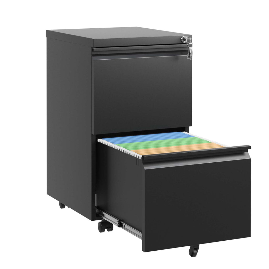Sleek Modern 2 Drawer Metal Mobile File Cabinet with Lock, Black, Compact Size - Grand Goldman