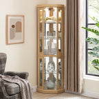 Corner Glass Cabinet Lighted Curio Cabinet Corner Display Case for Living Room, Curio Cabinet, Antique collection, Wine,Bar Glass Storage Light Included, Light oak - Grand Goldman Shop