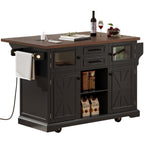 K&K 54.9' Kitchen Island with Drop Leaf, Power Outlet, Kitchen Storage Cart with 4 Door Shelves, Cross Barn Doors & Visual Glass Door, Rolling Kitchen Island on 4 Wheels for Kitchen, Dining Room,Black - Grand Goldman Shop