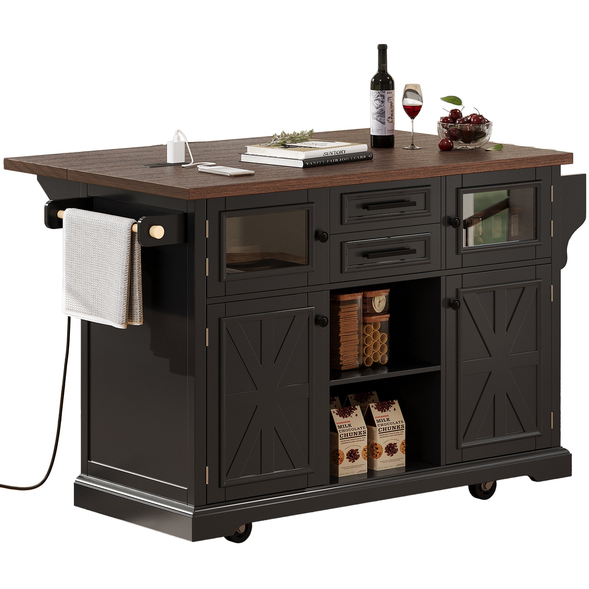 K&K 54.9' Kitchen Island with Drop Leaf, Power Outlet, Kitchen Storage Cart with 4 Door Shelves, Cross Barn Doors & Visual Glass Door, Rolling Kitchen Island on 4 Wheels for Kitchen, Dining Room,Black - Grand Goldman Shop
