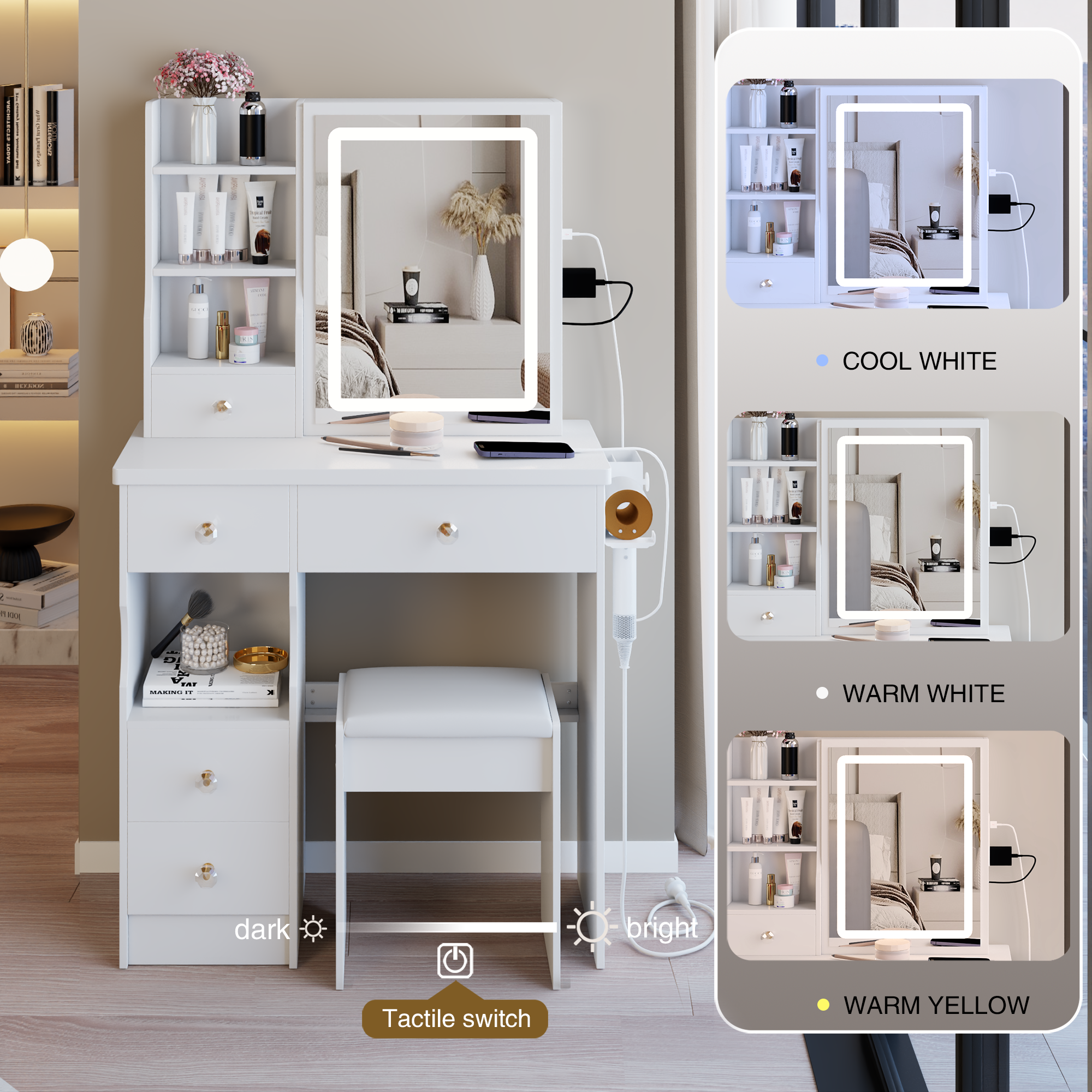 29.2' Small Size Drawer Desktop Vanity Table + Cushioned Stool, 2 AC+2 USB Power Station, Hair dryer bracket, Extra Large Touch Control Sliding LED Mirror, 3-color Switching, EPA, GCC, UL Certificate - Grand Goldman Shop