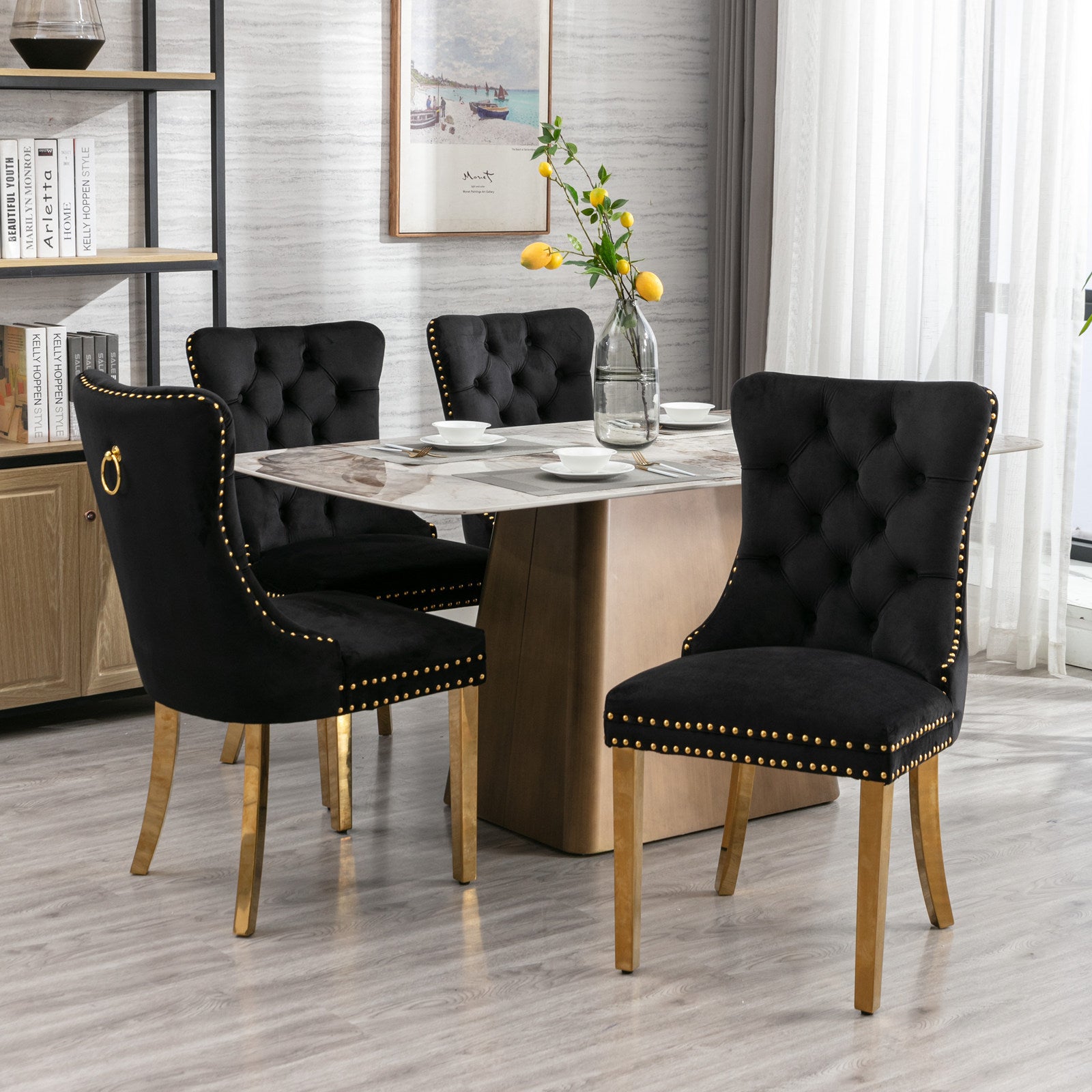 A&A Furniture,Nikki Collection Modern, High-end Tufted Solid Wood Contemporary Velvet Upholstered Dining Chair with Golden Stainless Steel Plating Legs,Nailhead Trim,Set of 2，Black and Gold, SW1601BK - Grand Goldman Shop