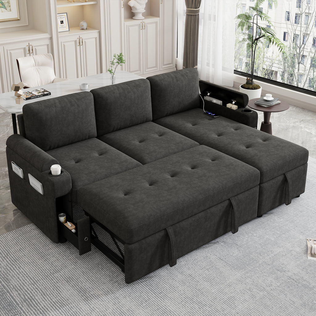 Black Convertible L-shaped Sofa Couch with Storage, Cup Holders, USB Ports, Chenille Fabric, 83.5' - Grand Goldman Shop