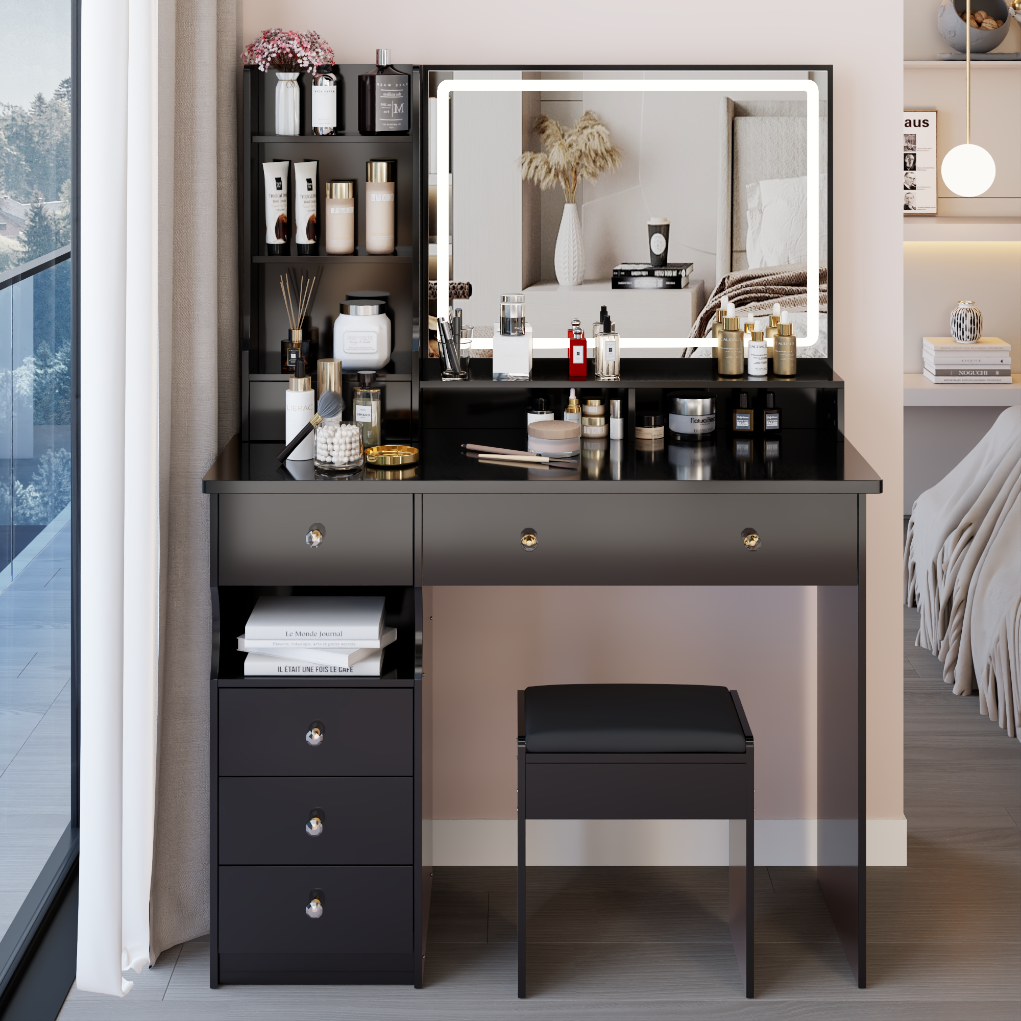 41' Large Sized Desktop Vanity Table + Cushioned Stool, Oversized desktop, Large Touch Control LED Mirror, 3-color Switch, Multi Layer High Capacity Storage Fashion Dresser, EPA, GCC, UL Certificate - Grand Goldman Shop
